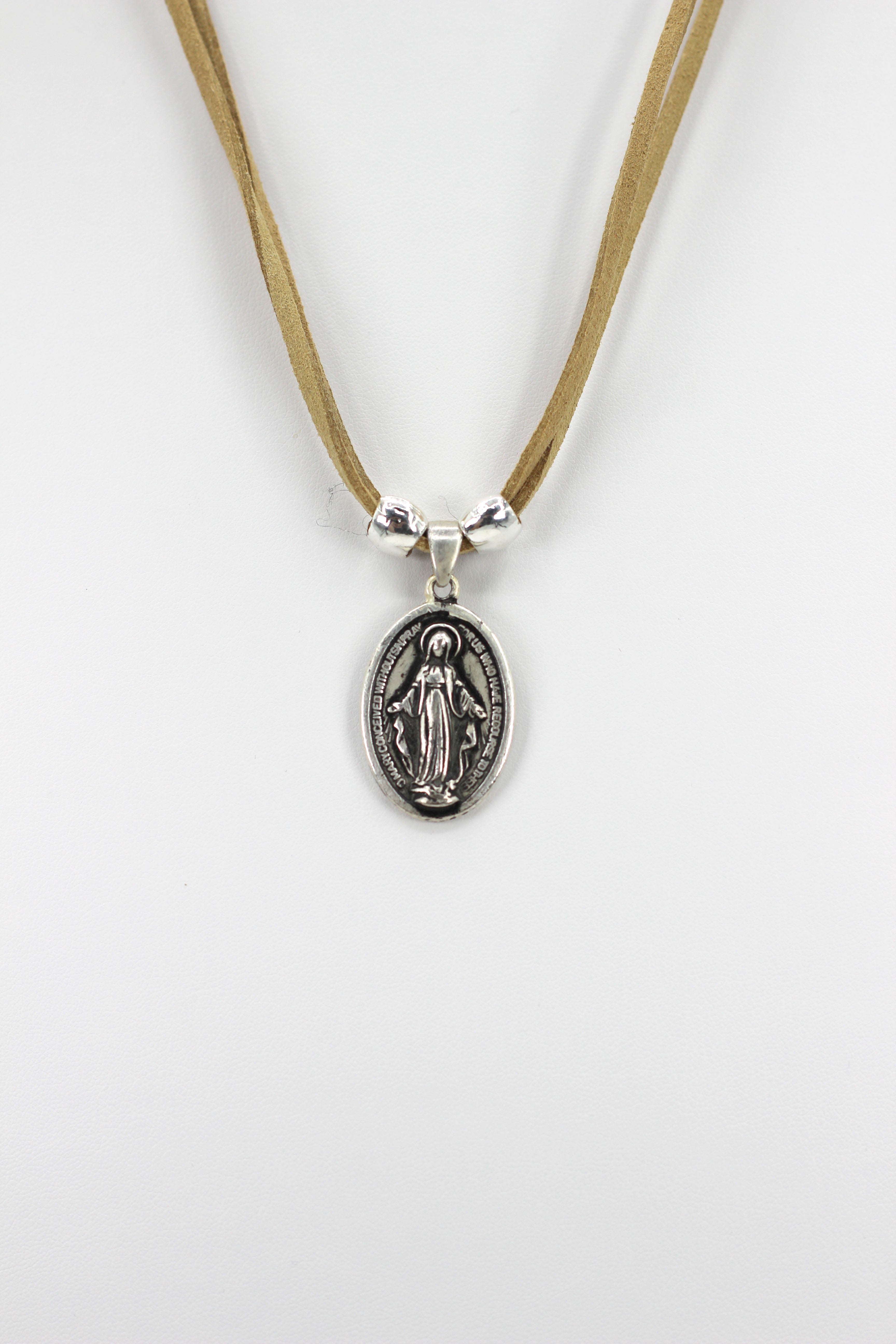 Vintage Necklace of The Miraculous Virgen Mary Handmade Oval Shape Jewelry with Genuine Leather strap by Graciela's Collection
