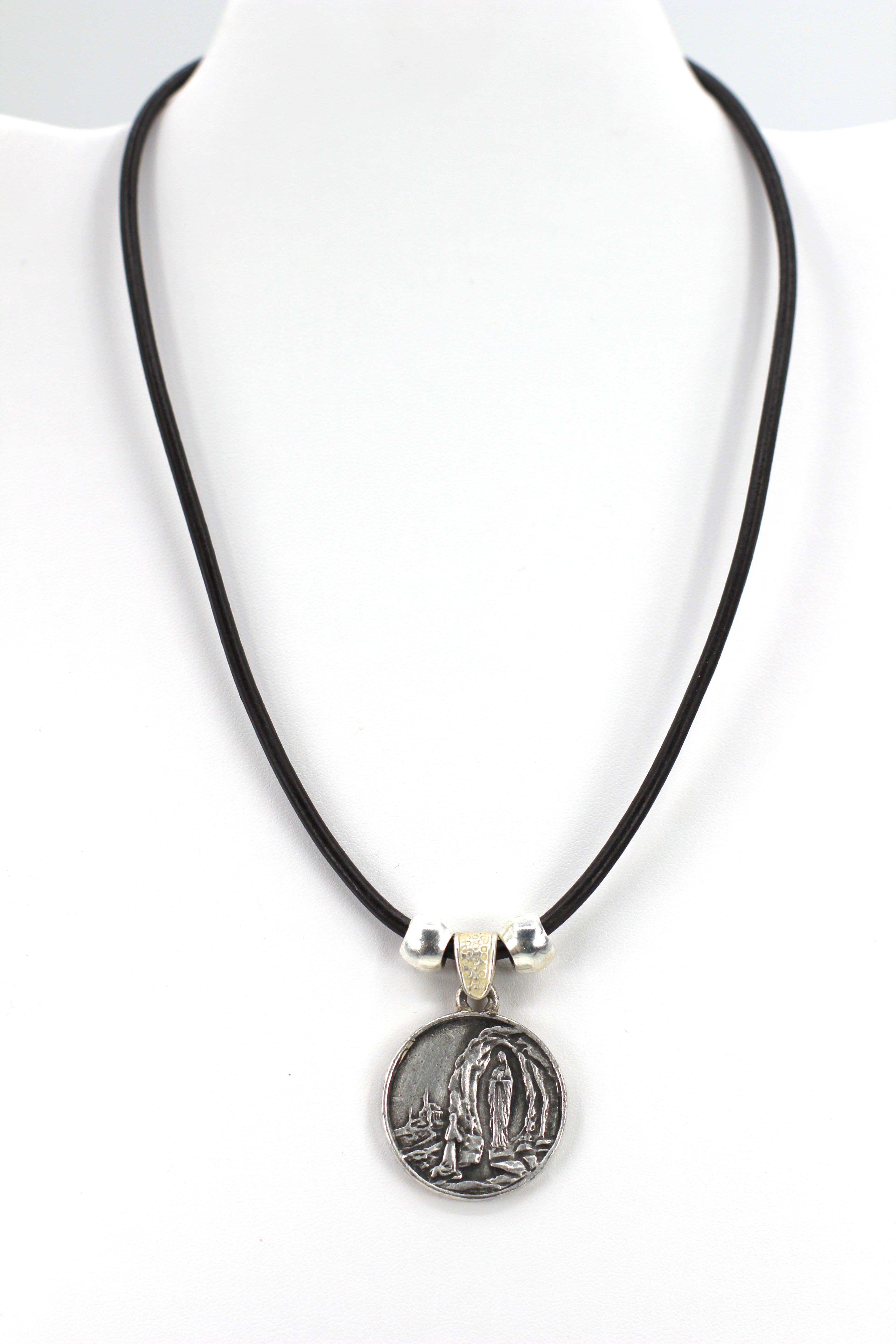 Vintage Necklace of Our Lady Of Lourdes Jewelry with Genuine Leather strap by Graciela's Collection