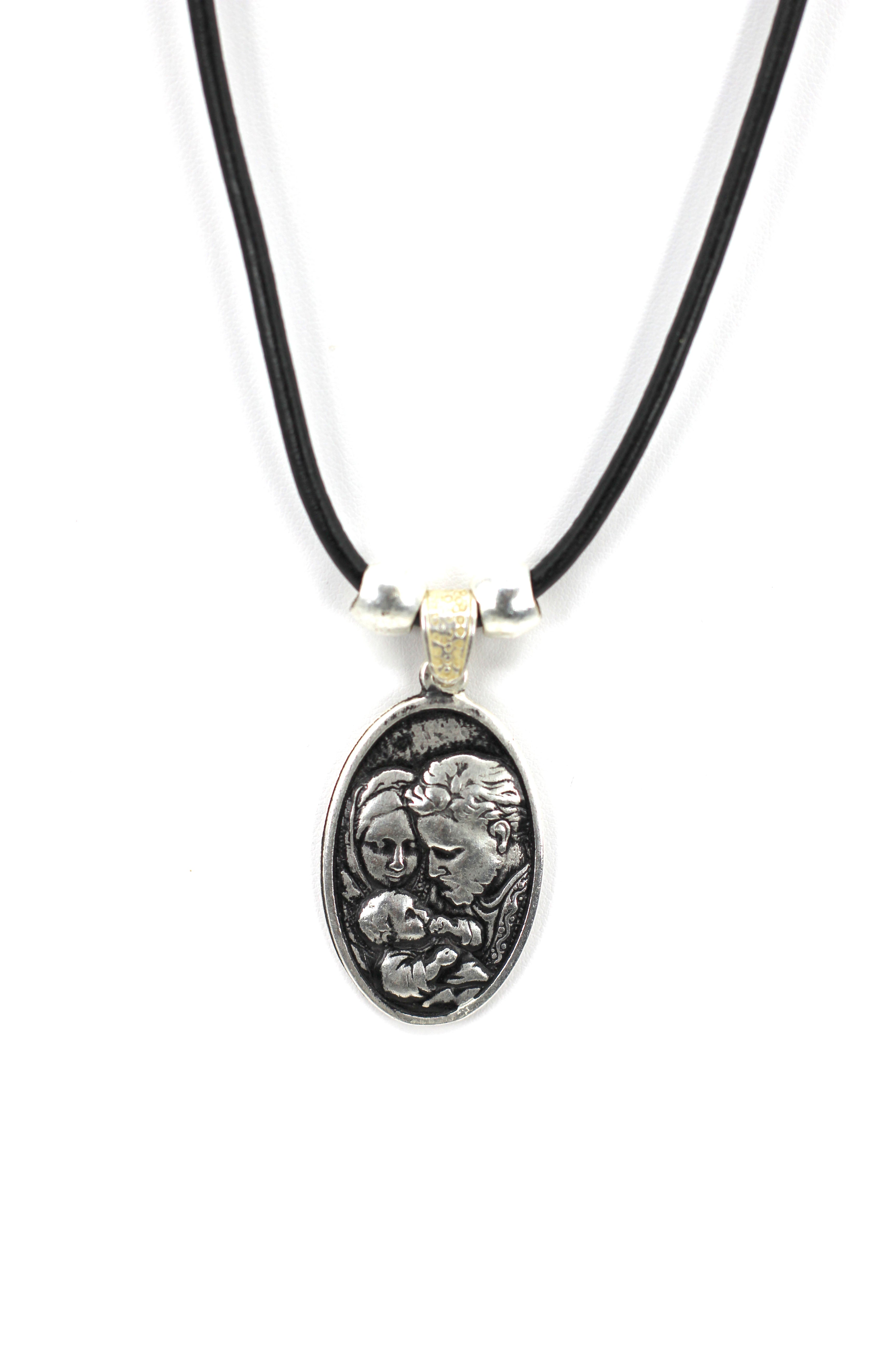 Vintage Necklace of The Sacred Family and The Holy Spirit Handmade Jewelry with Genuine Leather strap by Graciela's Collection