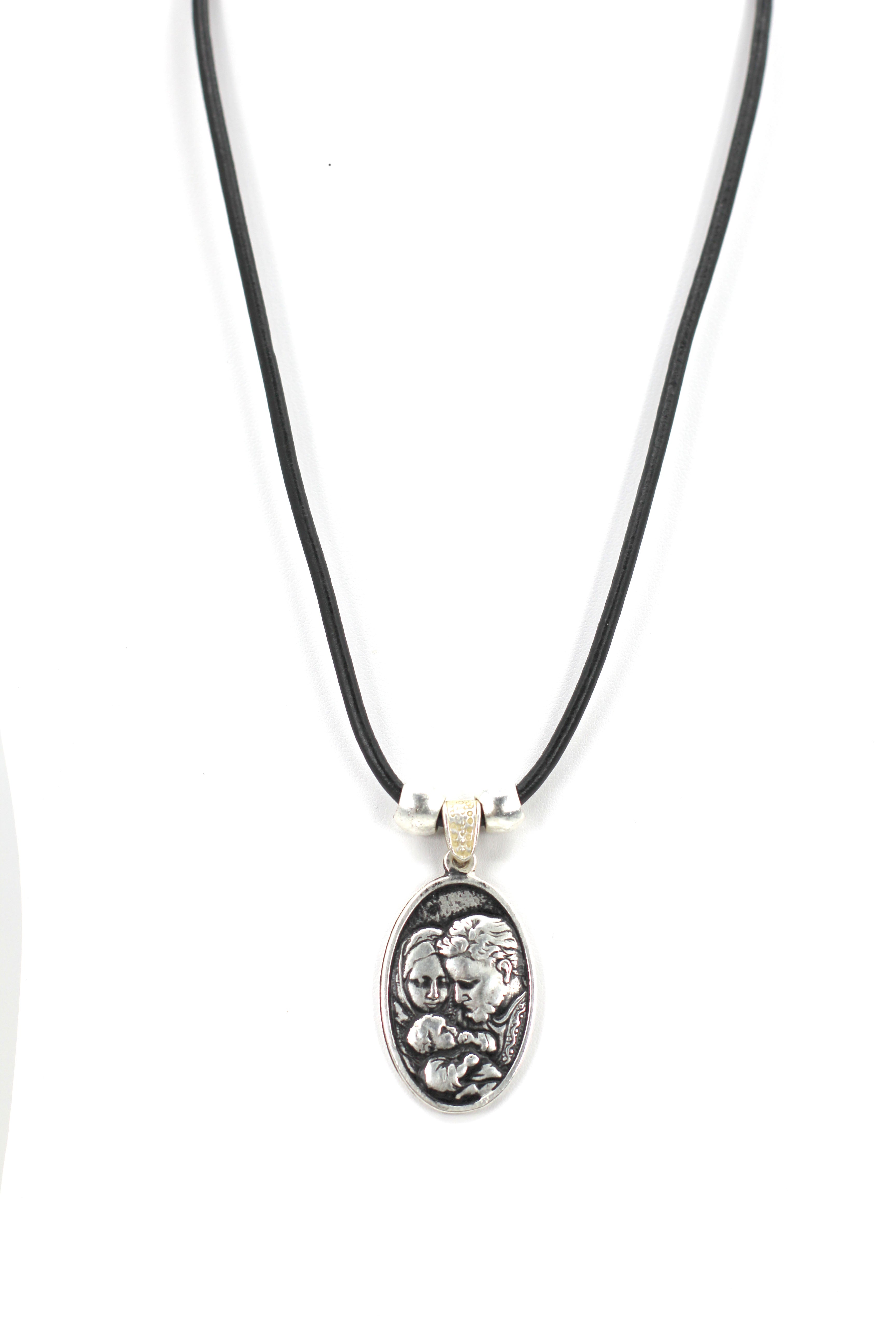 Vintage Necklace of The Sacred Family and The Holy Spirit Handmade Jewelry with Genuine Leather strap by Graciela's Collection