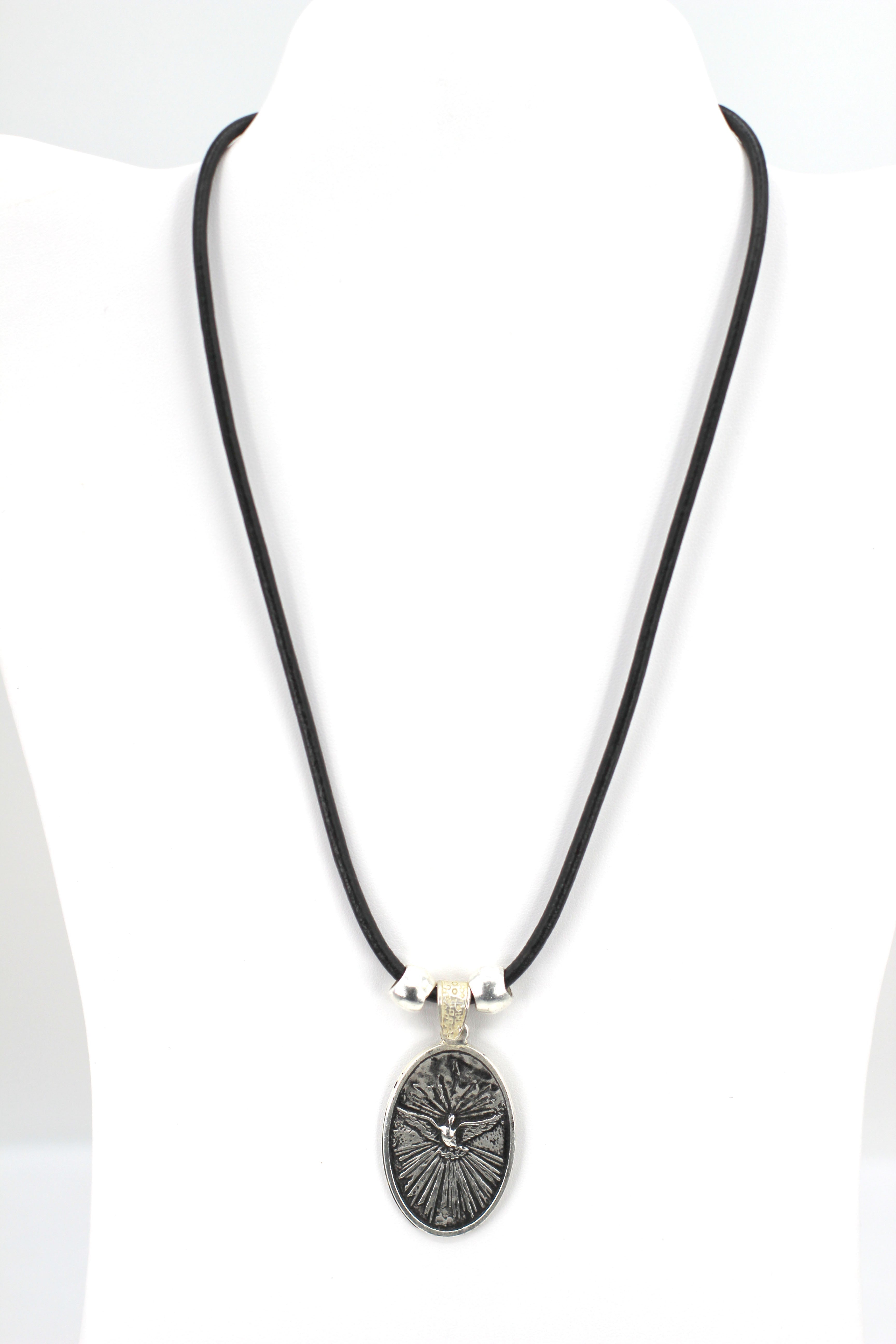 Vintage Necklace of The Sacred Family and The Holy Spirit Handmade Jewelry with Genuine Leather strap by Graciela's Collection