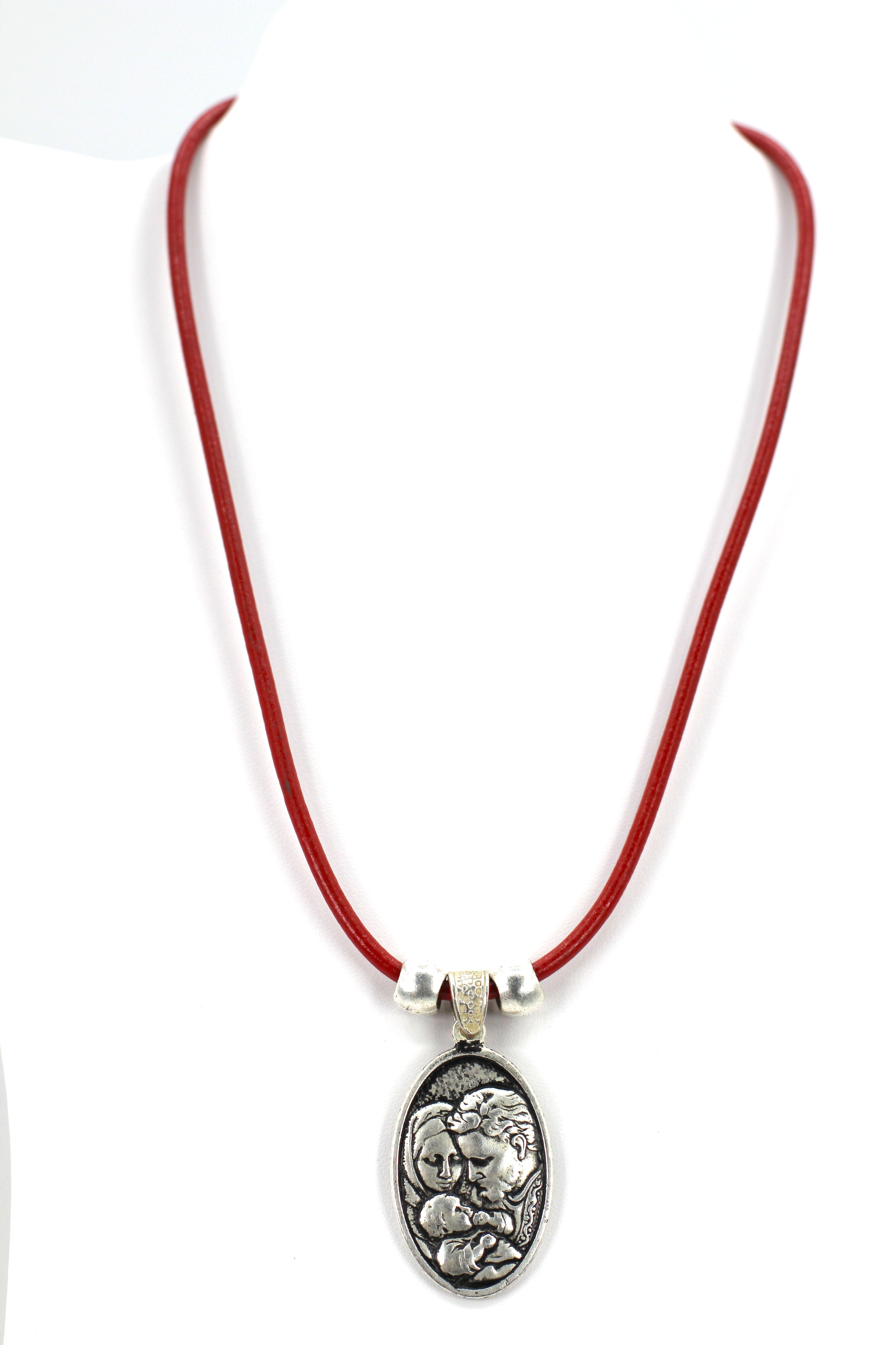 Vintage Necklace of The Sacred Family and The Holy Spirit Handmade Jewelry with Genuine Leather strap by Graciela's Collection