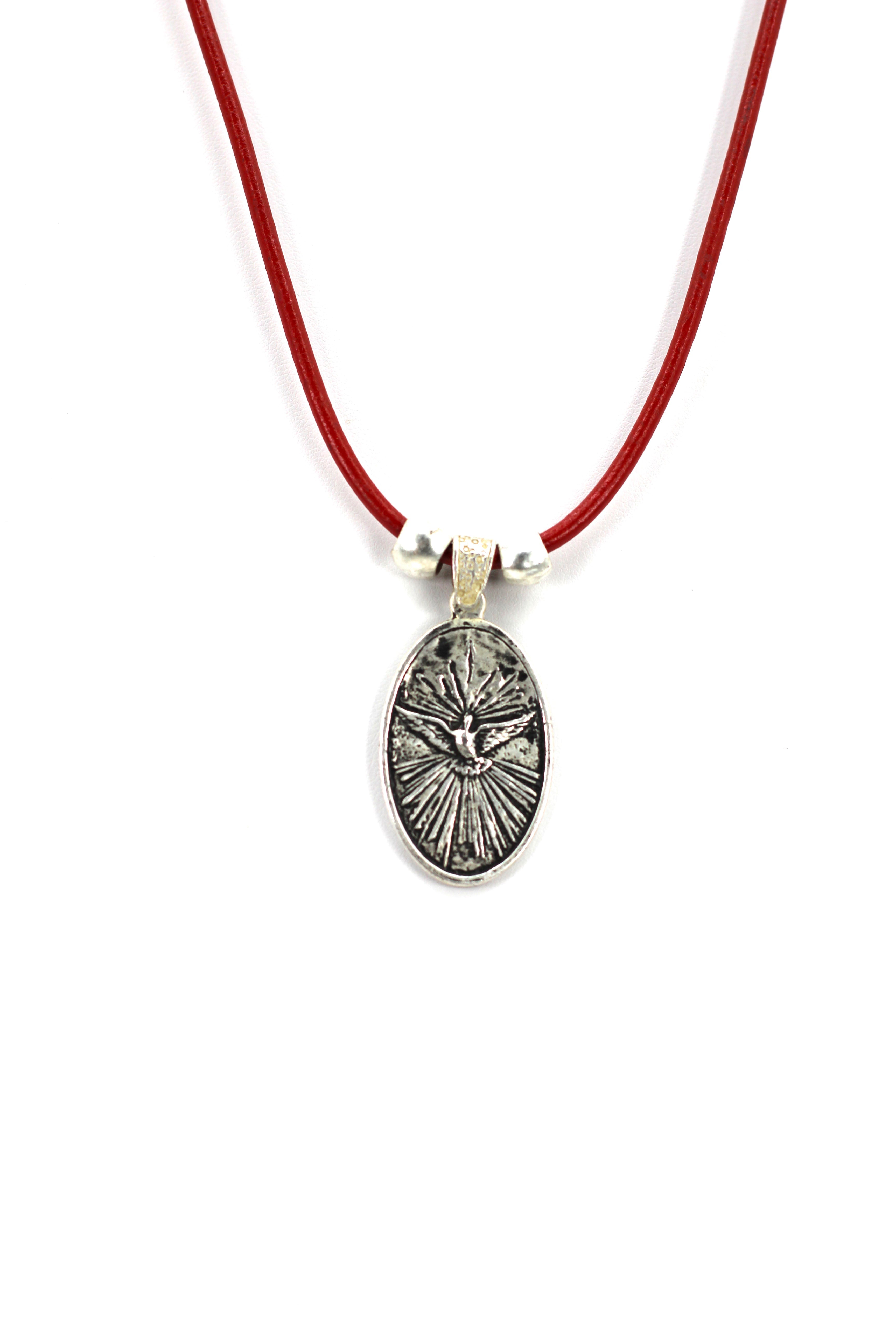 Vintage Necklace of The Sacred Family and The Holy Spirit Handmade Jewelry with Genuine Leather strap by Graciela's Collection