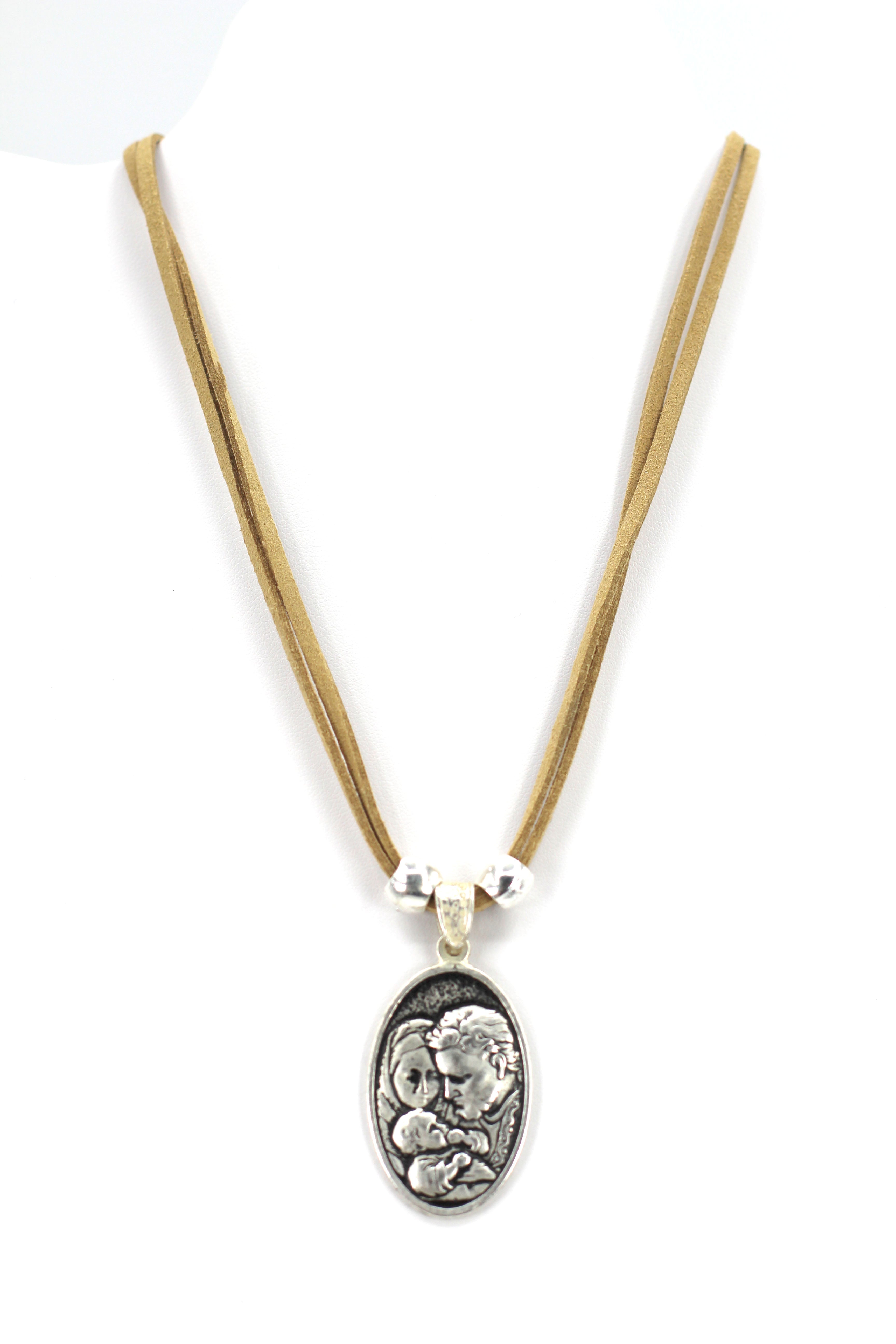 Vintage Necklace of The Sacred Family and The Holy Spirit Handmade Jewelry with Genuine Leather strap by Graciela's Collection