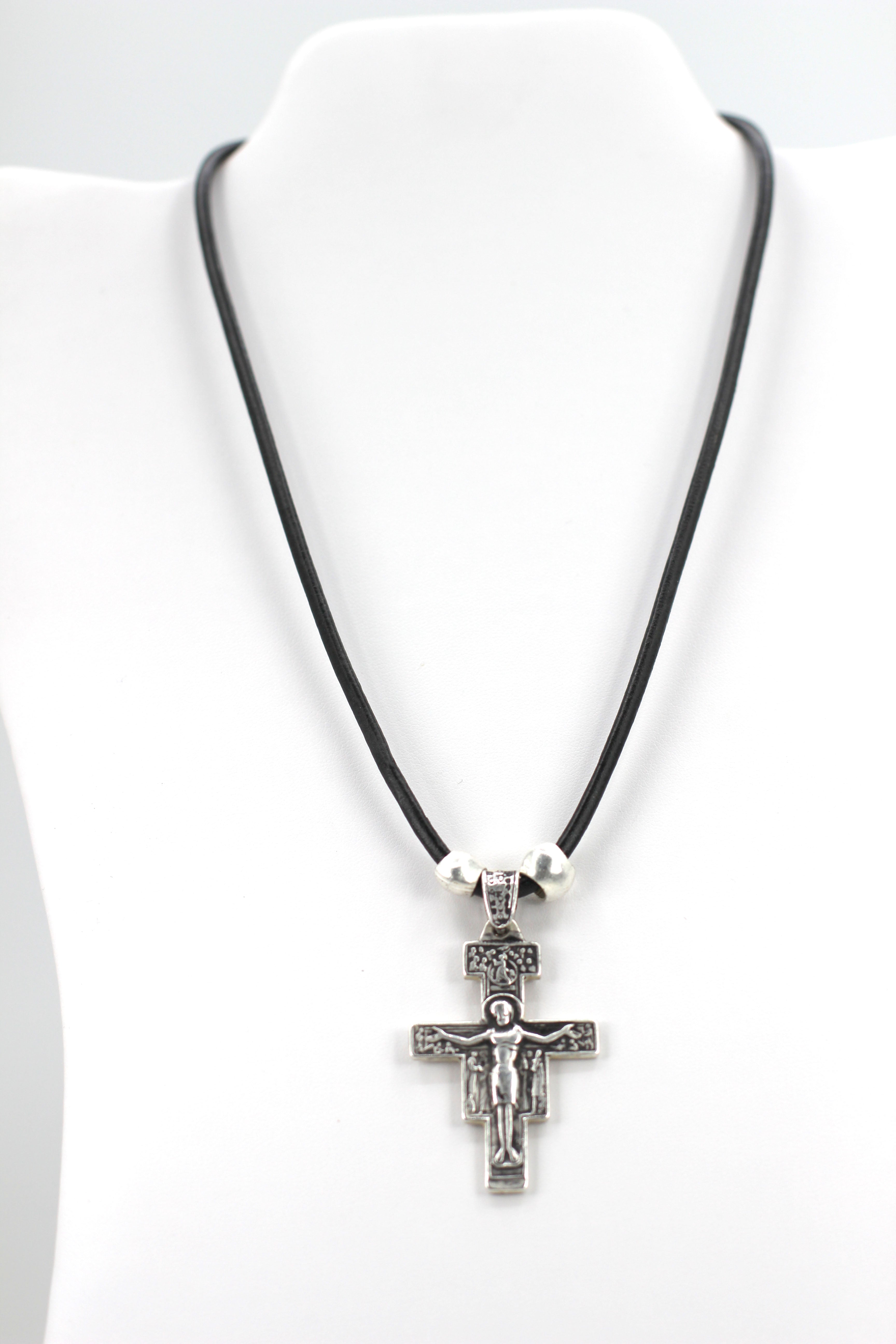 Vintage The San Damiano / San Francisco Cross Necklace Handmade Jewelry with Genuine Leather Strap by Graciela's Collection