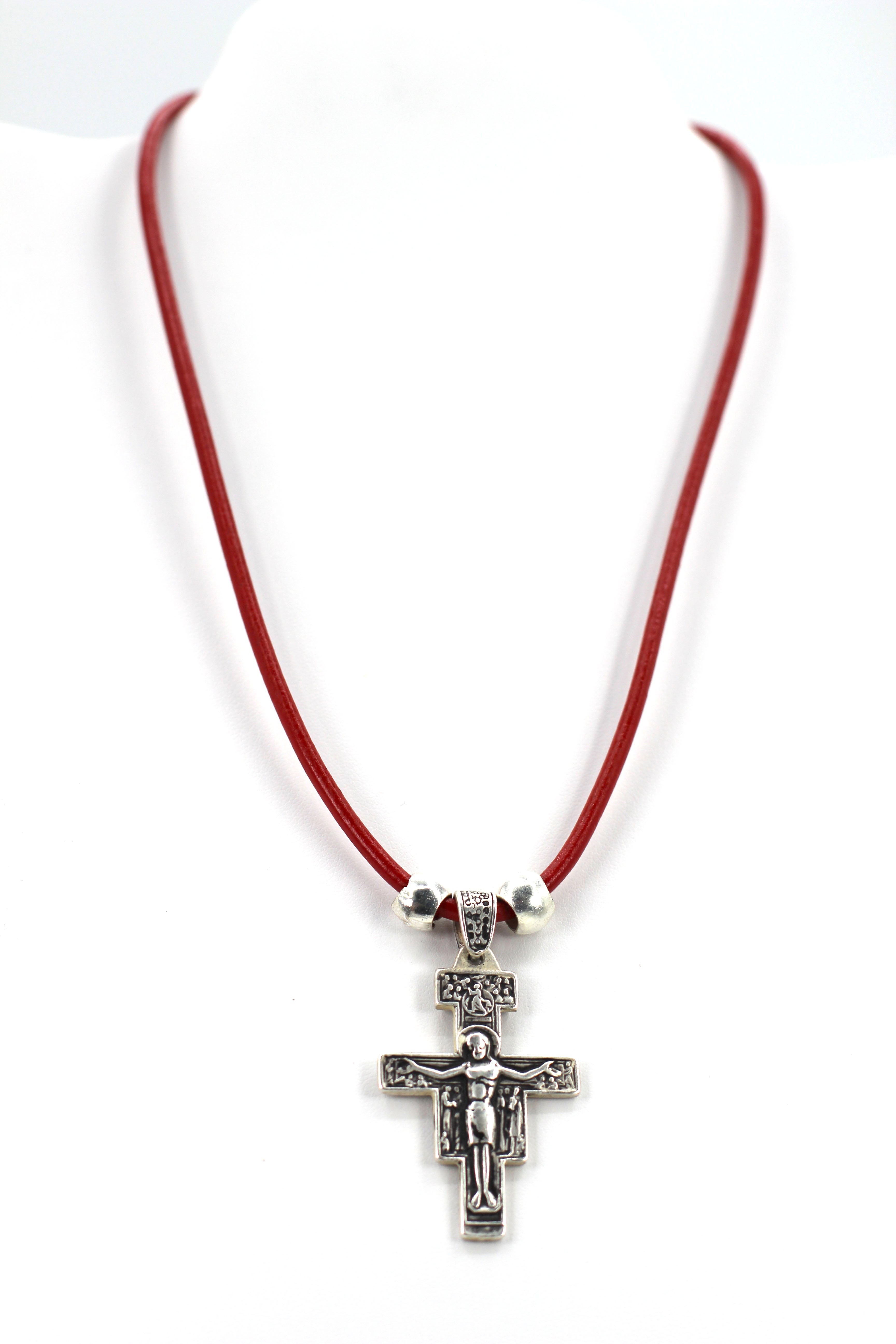 Vintage The San Damiano / San Francisco Cross Necklace Handmade Jewelry with Genuine Leather Strap by Graciela's Collection