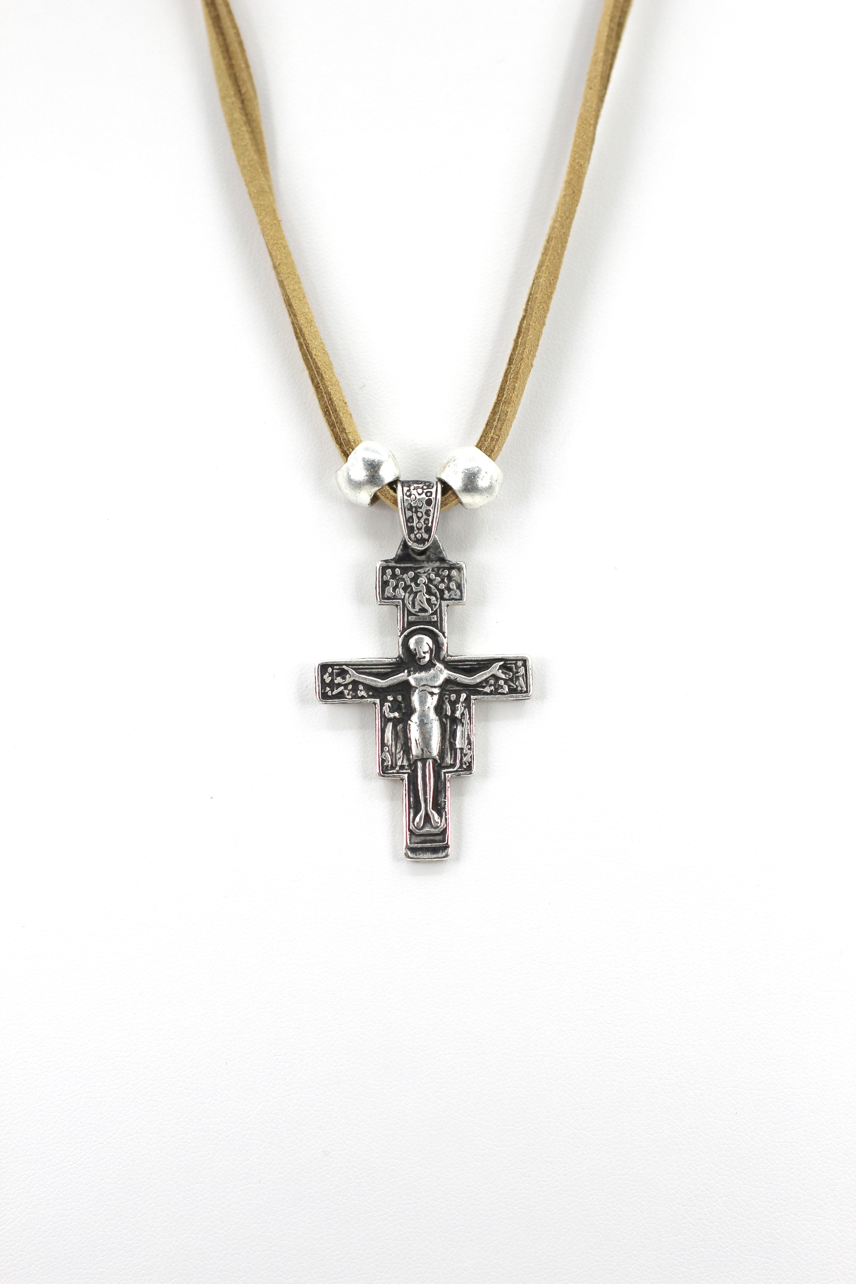 Vintage The San Damiano / San Francisco Cross Necklace Handmade Jewelry with Genuine Leather Strap by Graciela's Collection