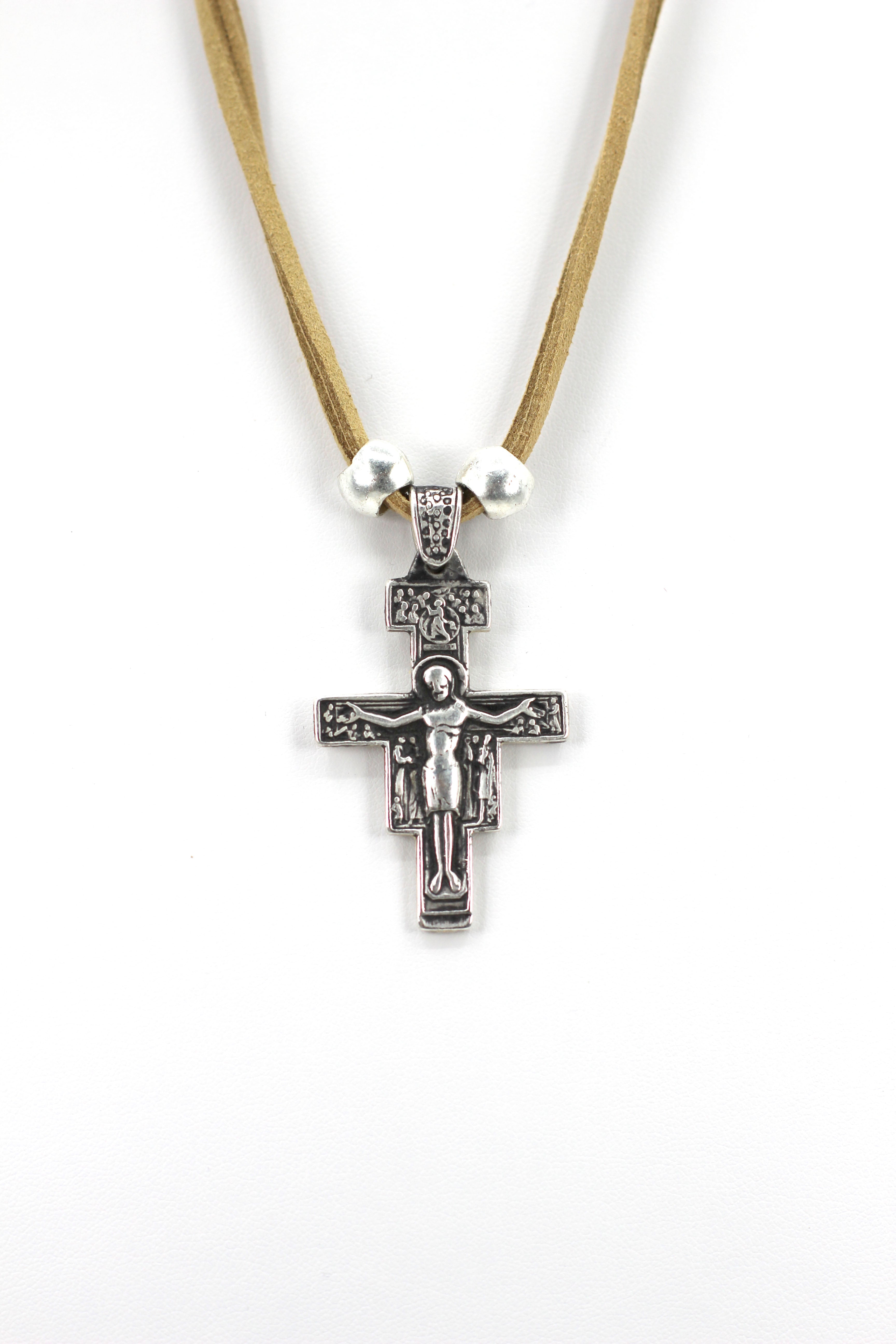 Vintage The San Damiano / San Francisco Cross Necklace Handmade Jewelry with Genuine Leather Strap by Graciela's Collection