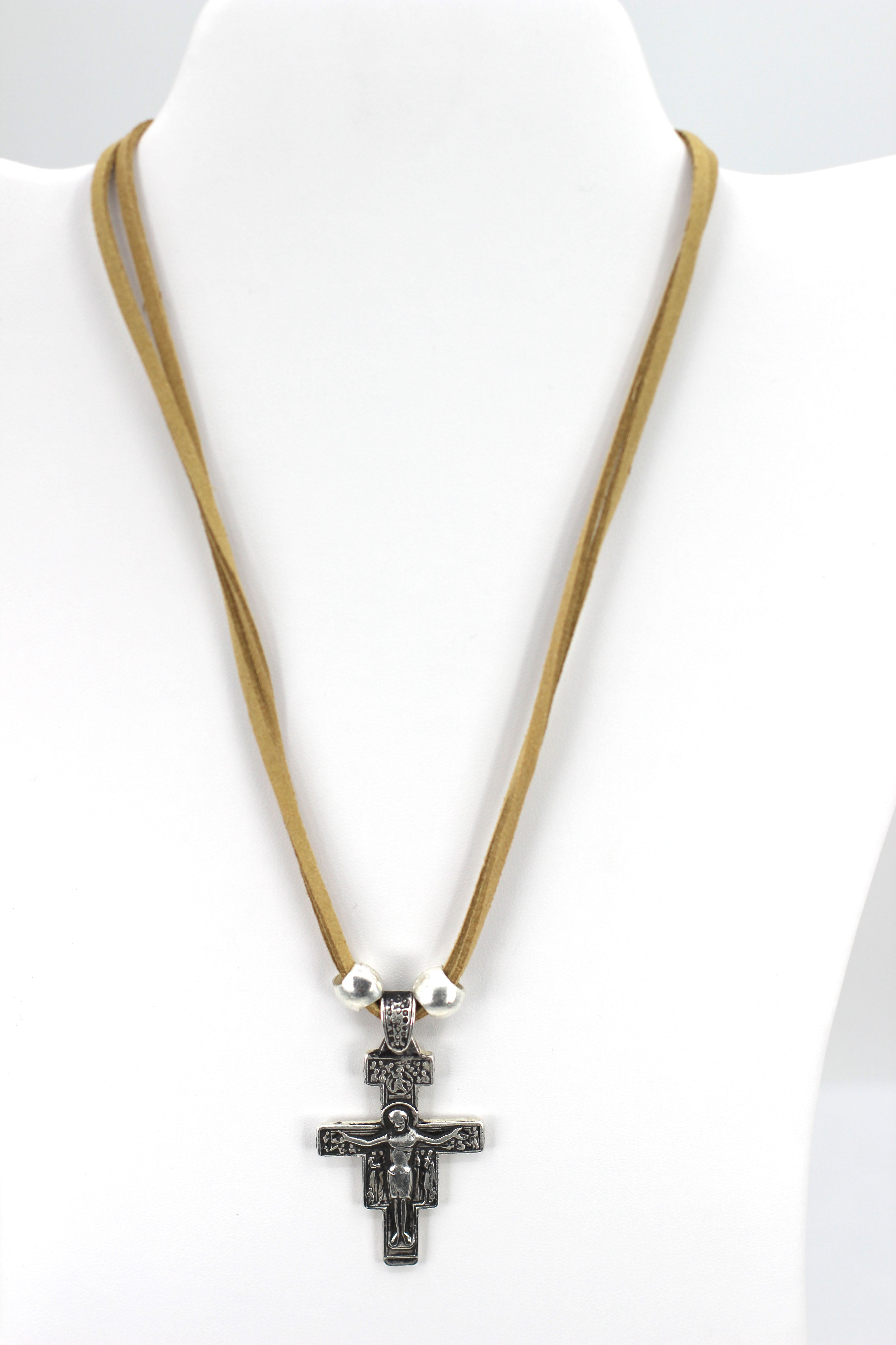 Vintage The San Damiano / San Francisco Cross Necklace Handmade Jewelry with Genuine Leather Strap by Graciela's Collection