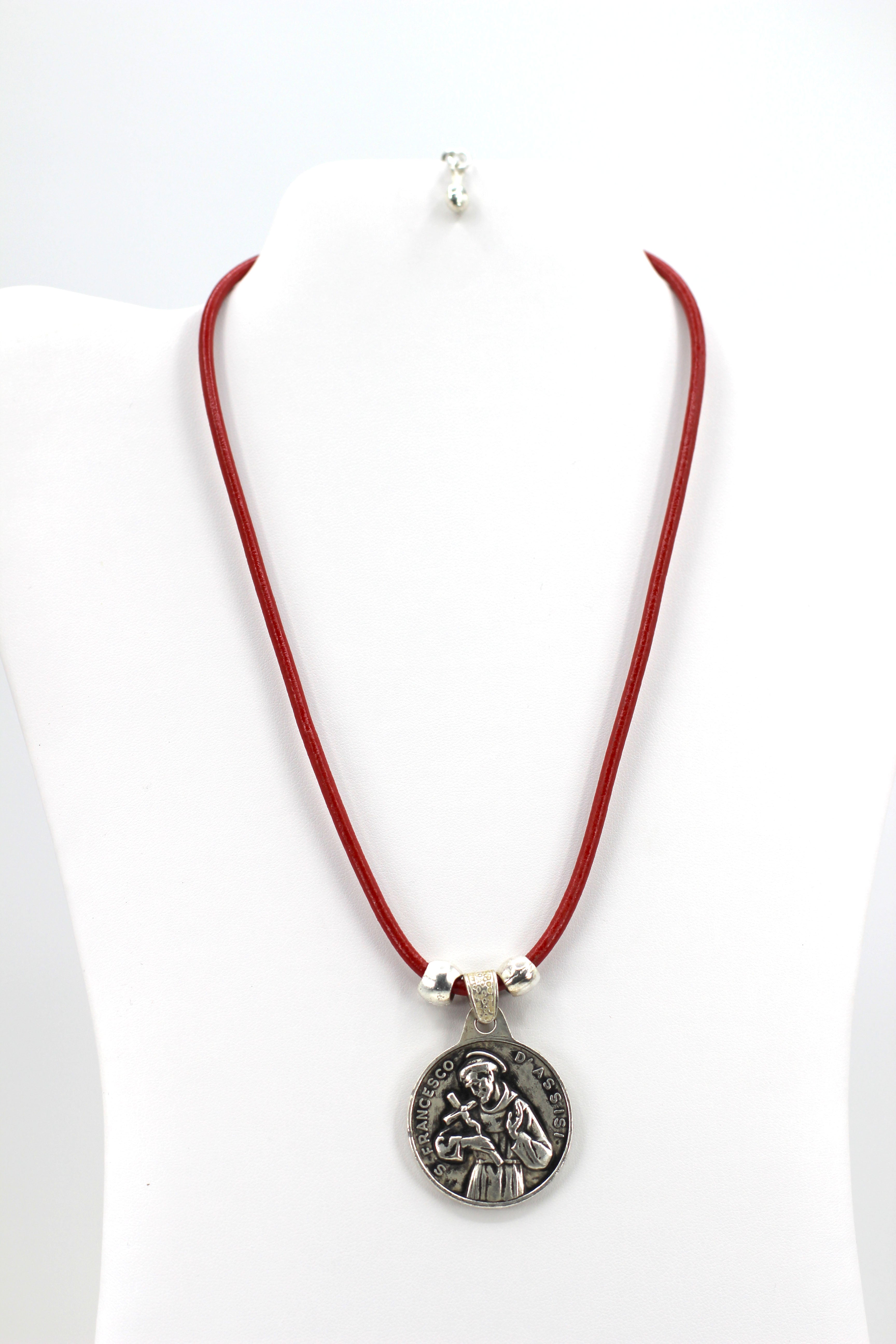 Vintage Necklace of Saint Francis of Assisi Handmade Jewelry with Genuine Leather strap by Graciela's Collection