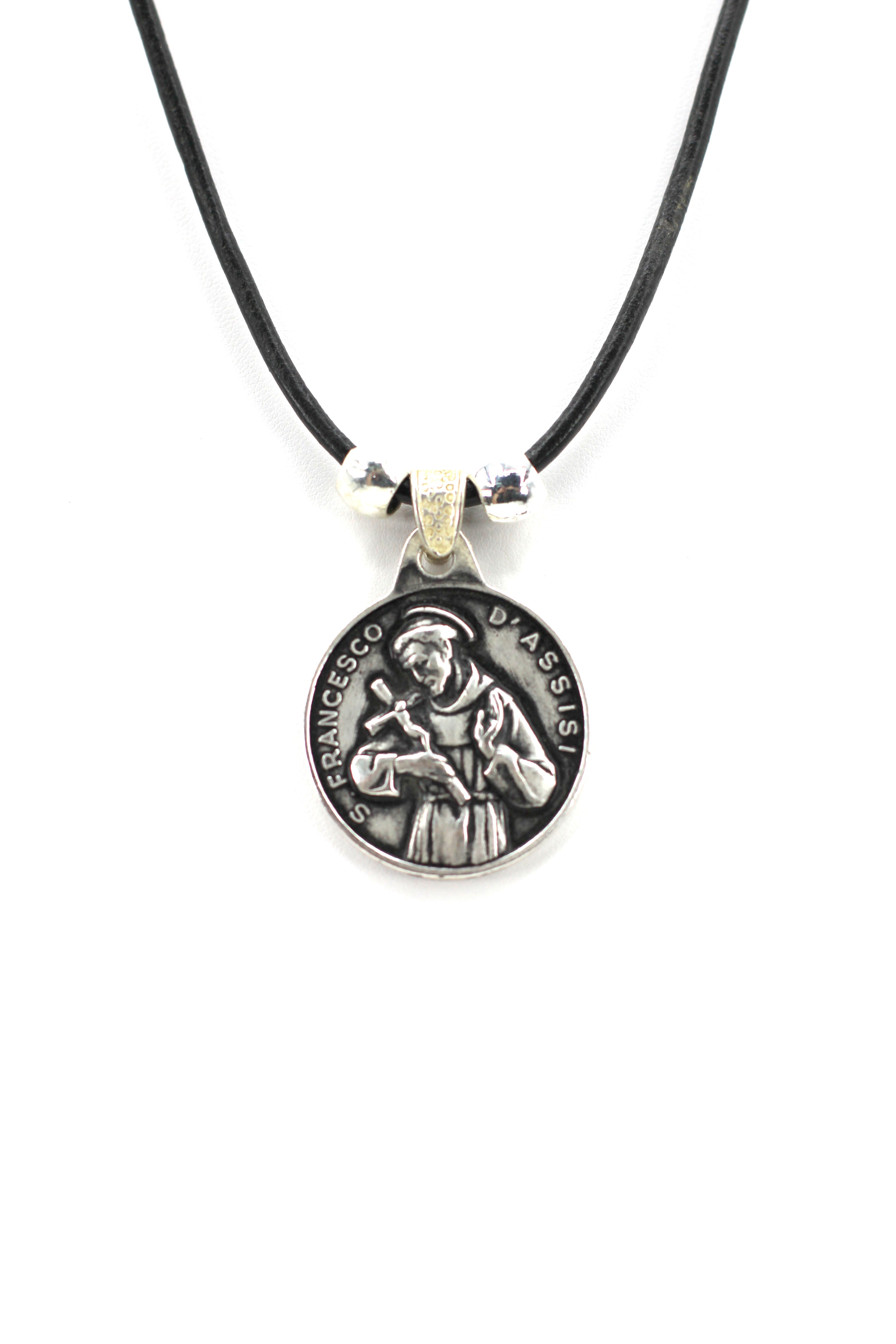 Vintage Necklace of Saint Francis of Assisi Handmade Jewelry with Genuine Leather strap by Graciela's Collection