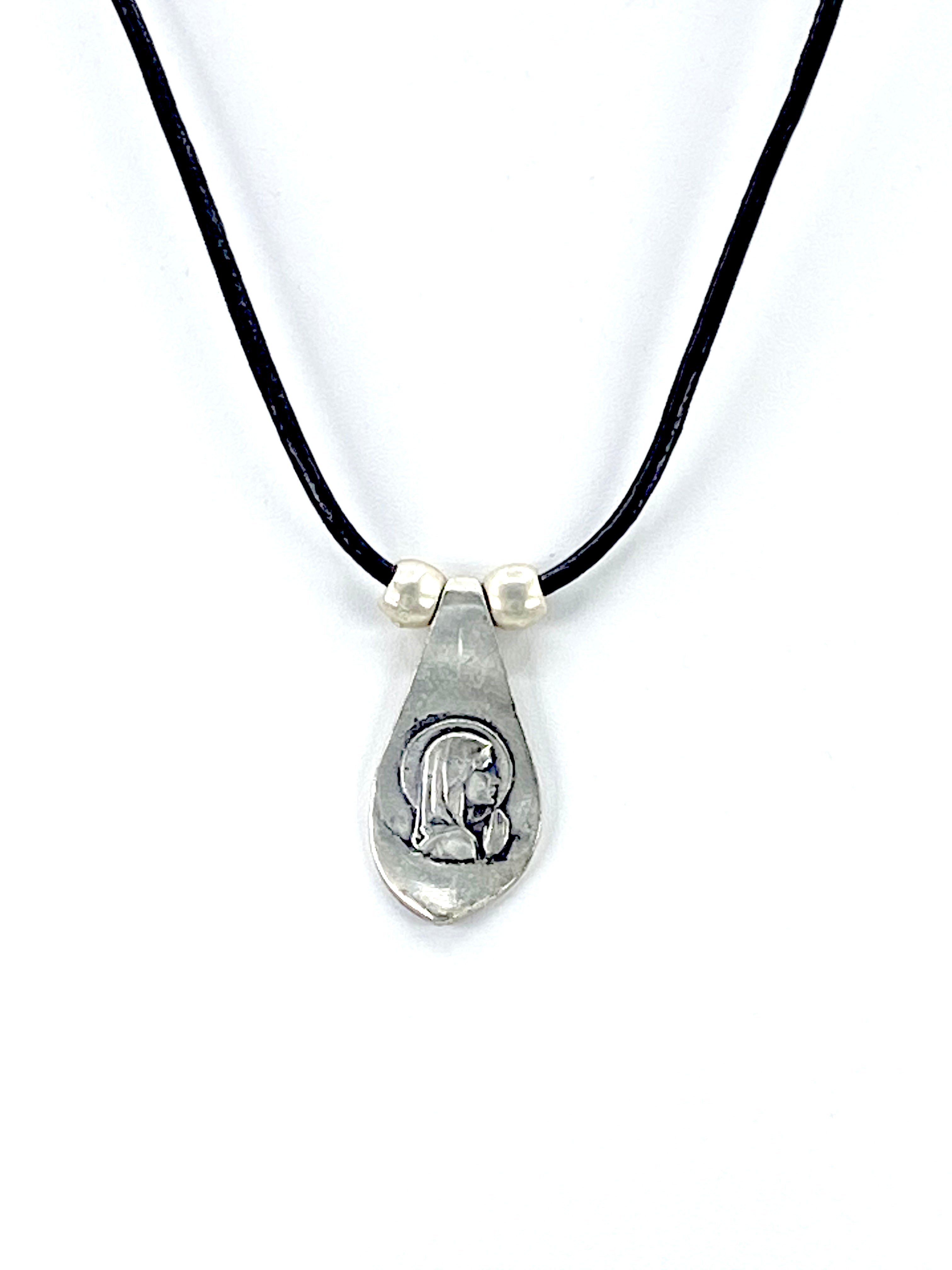 Vintage Virgin Mary Necklace Handmade Jewelry with Genuine Leather Straps by Graciela's Collection