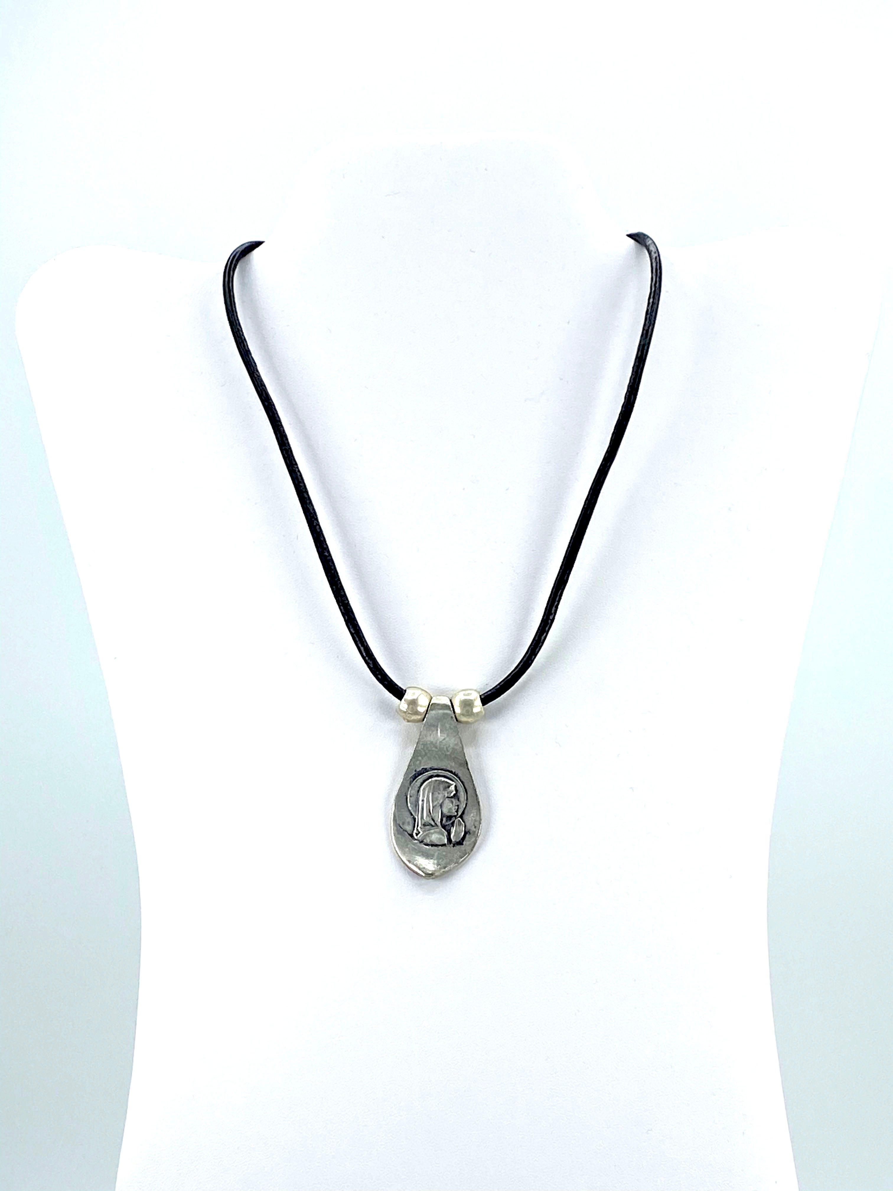 Vintage Virgin Mary Necklace Handmade Jewelry with Genuine Leather Straps by Graciela's Collection
