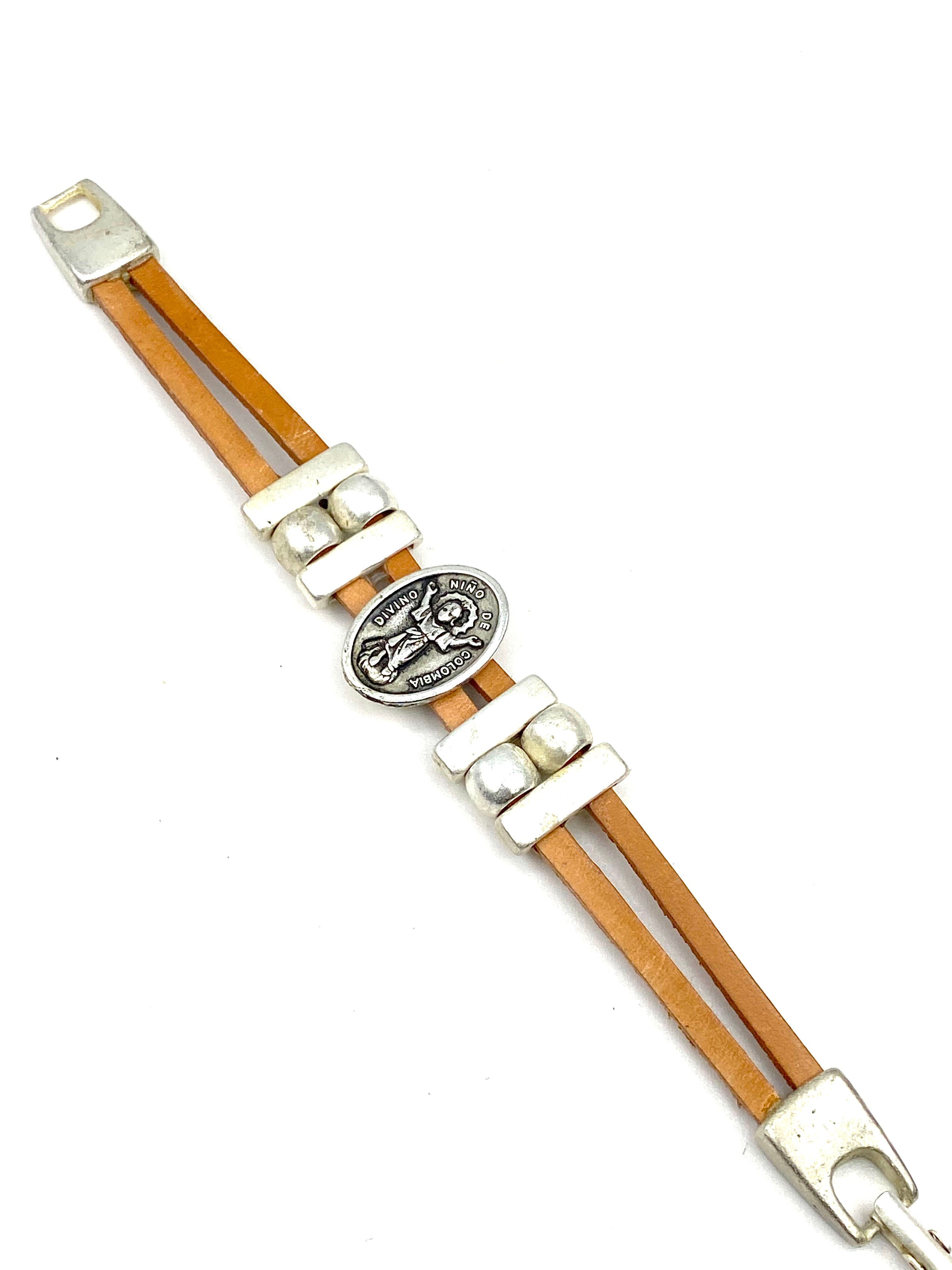 Bracelet Divino Nino Jesus bracelet handmade jewelry with Genuine Double Leather straps by Graciela's Collection