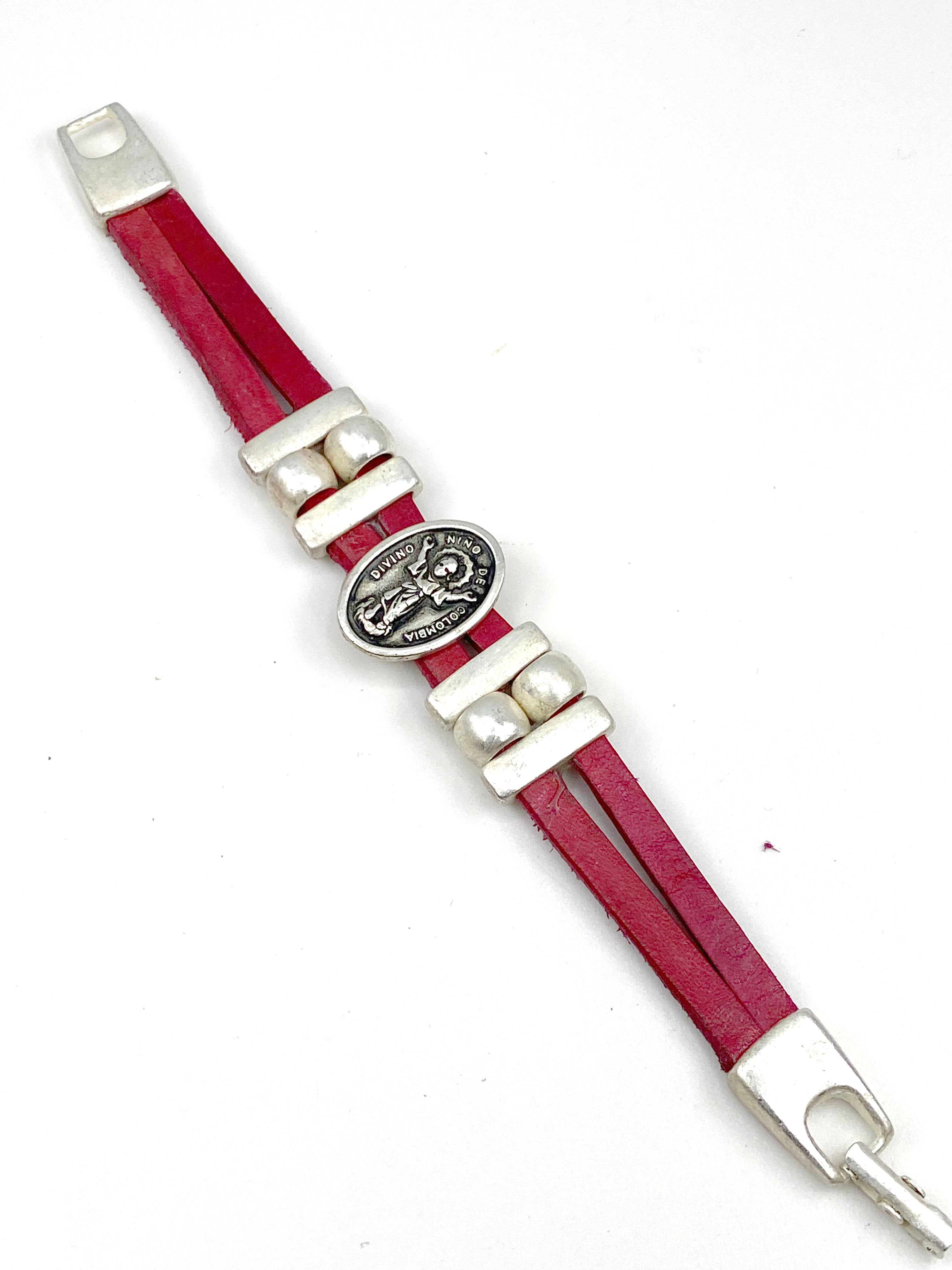 Bracelet Divino Nino Jesus bracelet handmade jewelry with Genuine Double Leather straps by Graciela's Collection