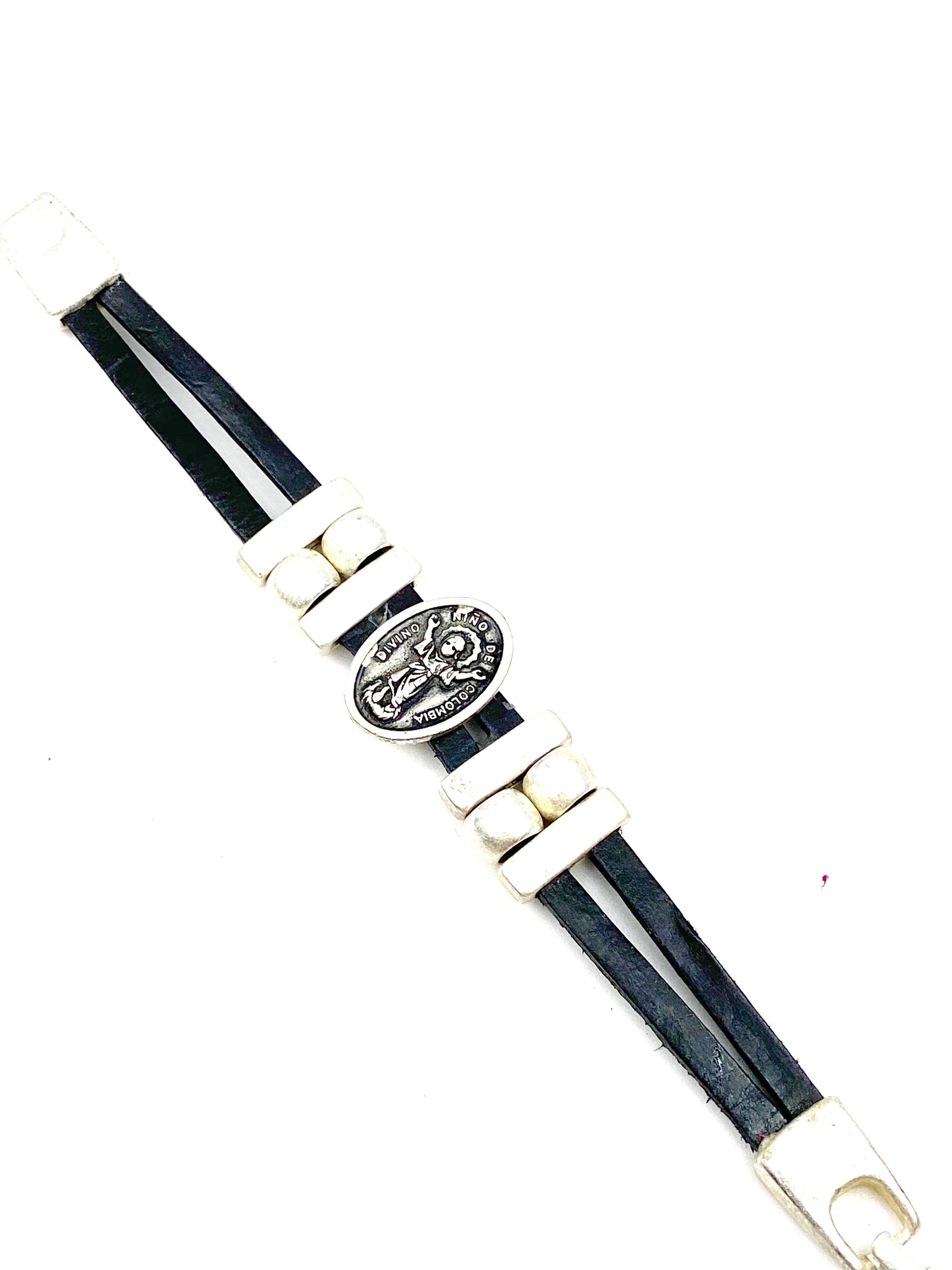 Bracelet Divino Nino Jesus bracelet handmade jewelry with Genuine Double Leather straps by Graciela's Collection