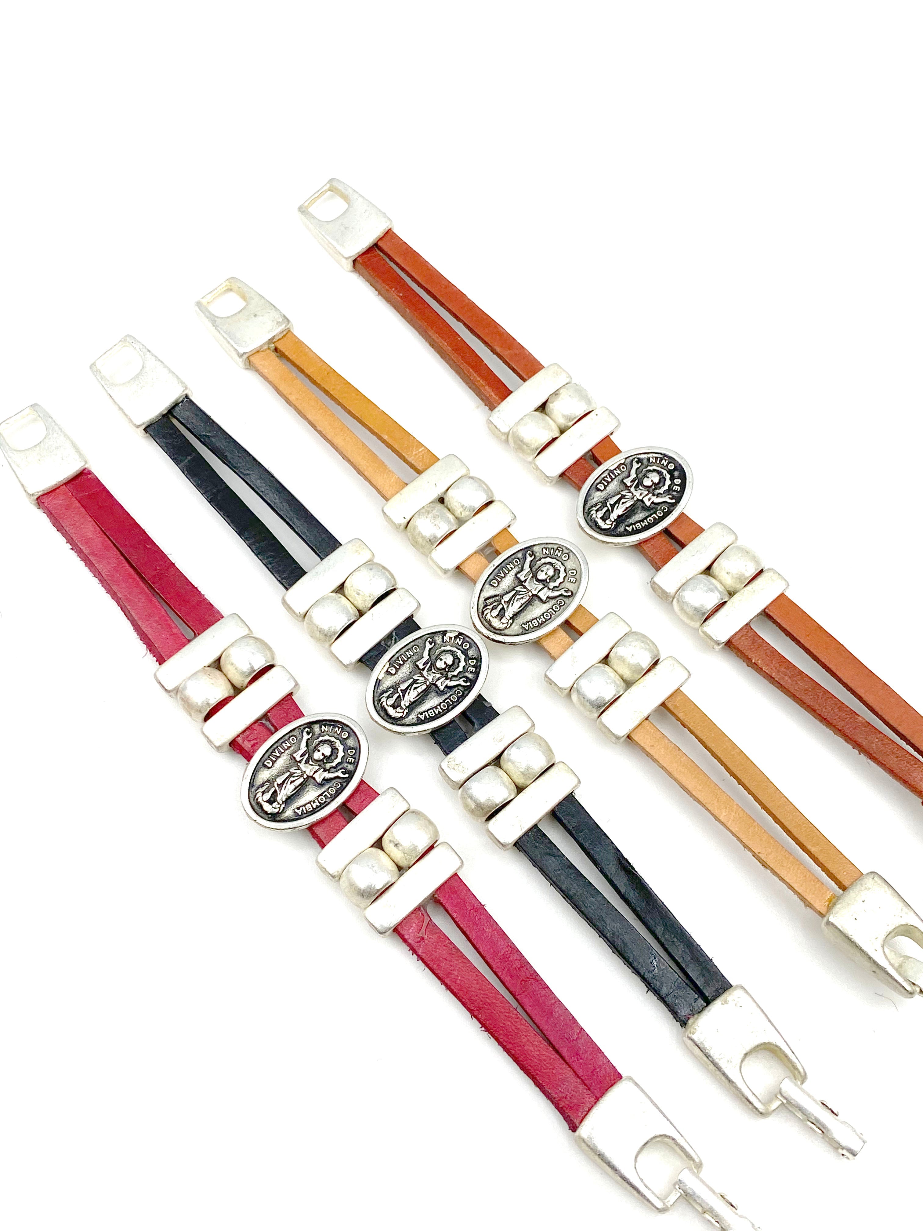 Bracelet Divino Nino Jesus bracelet handmade jewelry with Genuine Double Leather straps by Graciela's Collection