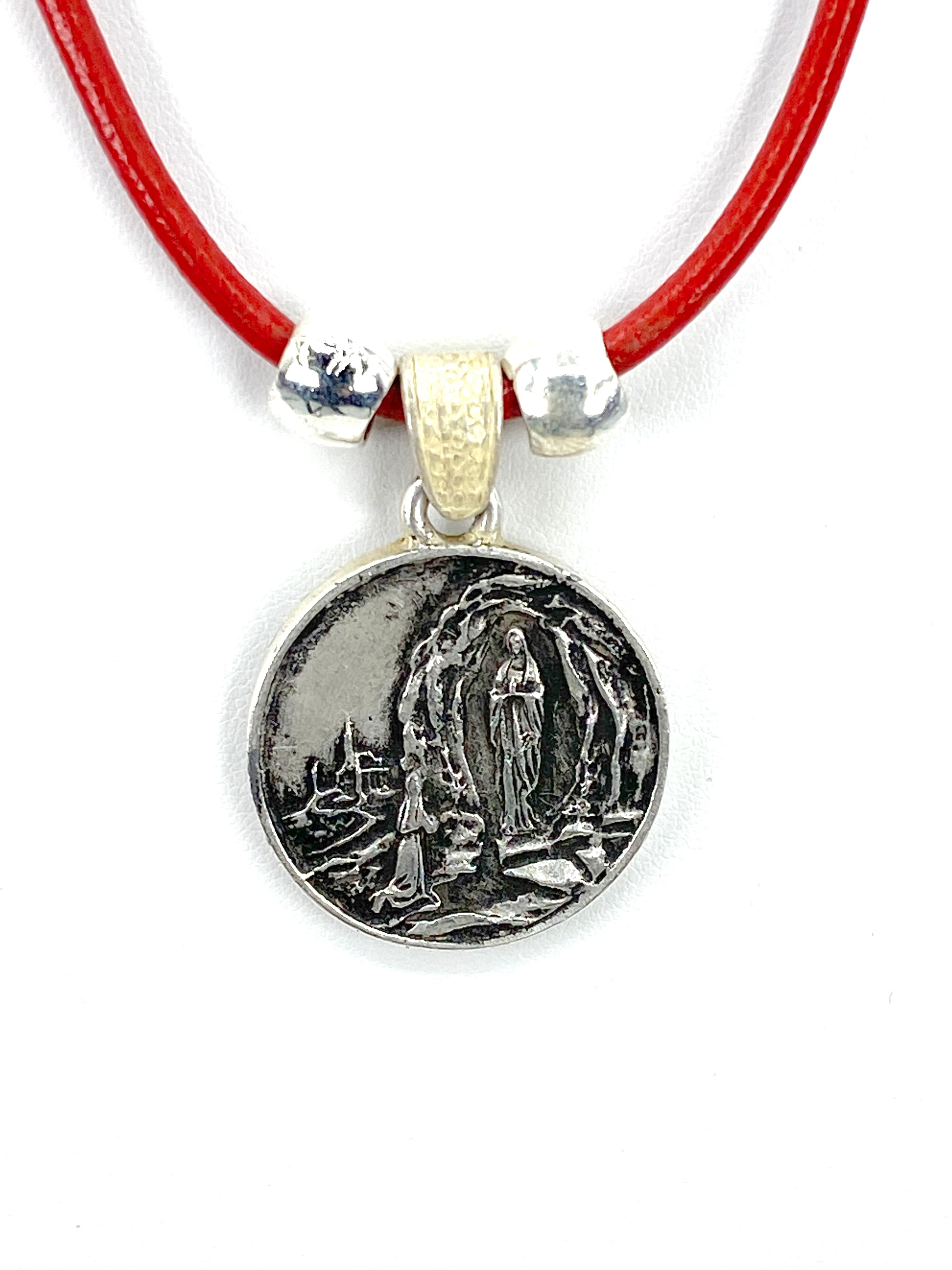 Vintage Necklace of Our Lady Of Lourdes Jewelry with Genuine Leather strap by Graciela's Collection