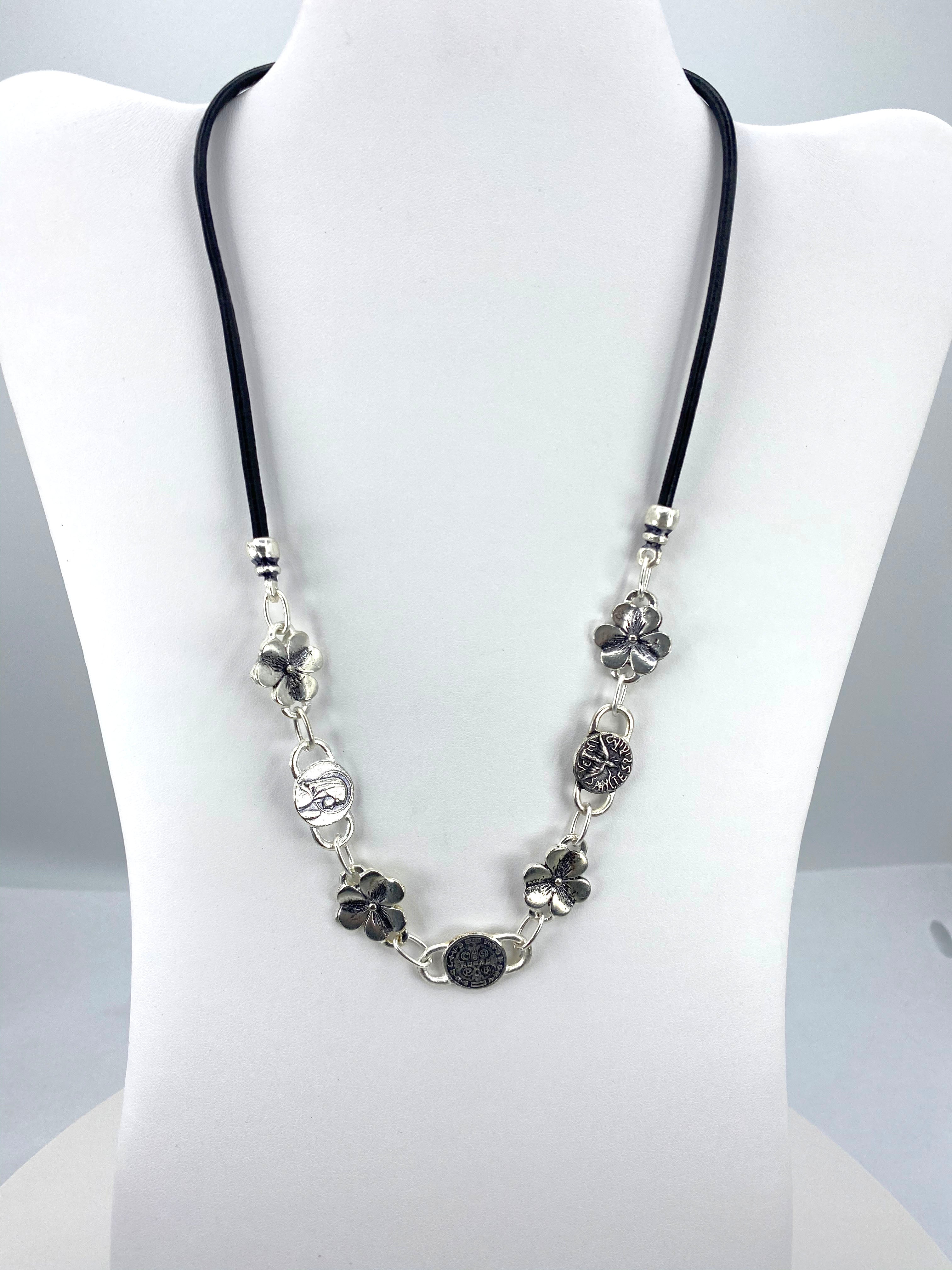 Vintage Flower Necklace of The Virgin Mary, Holy Spirit, and St Benedict Handmade Jewelry with Genuine Leather by Graciela's Collection