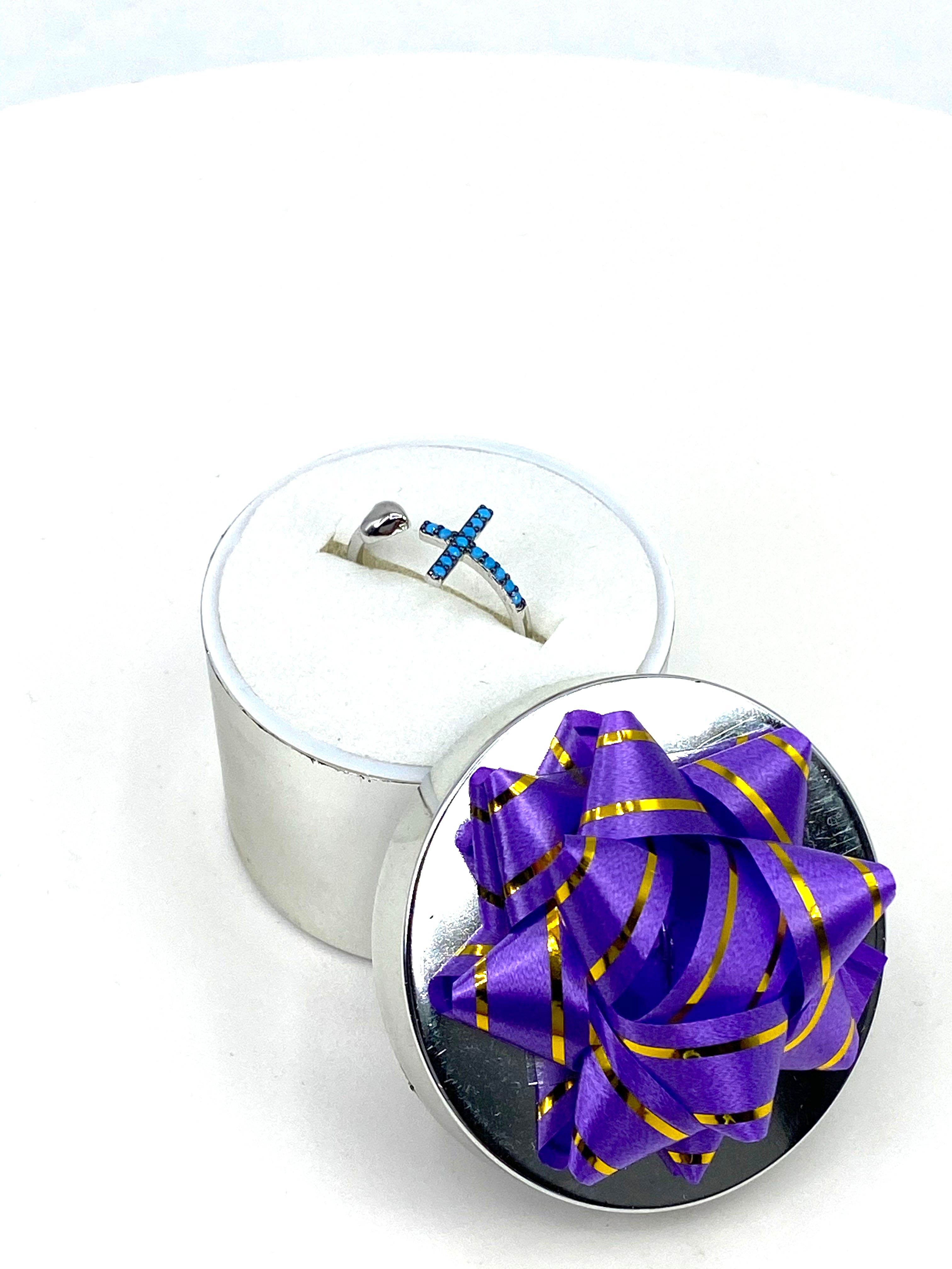 Ring with a Heart and a Turquoise Beads Cross - open back ring