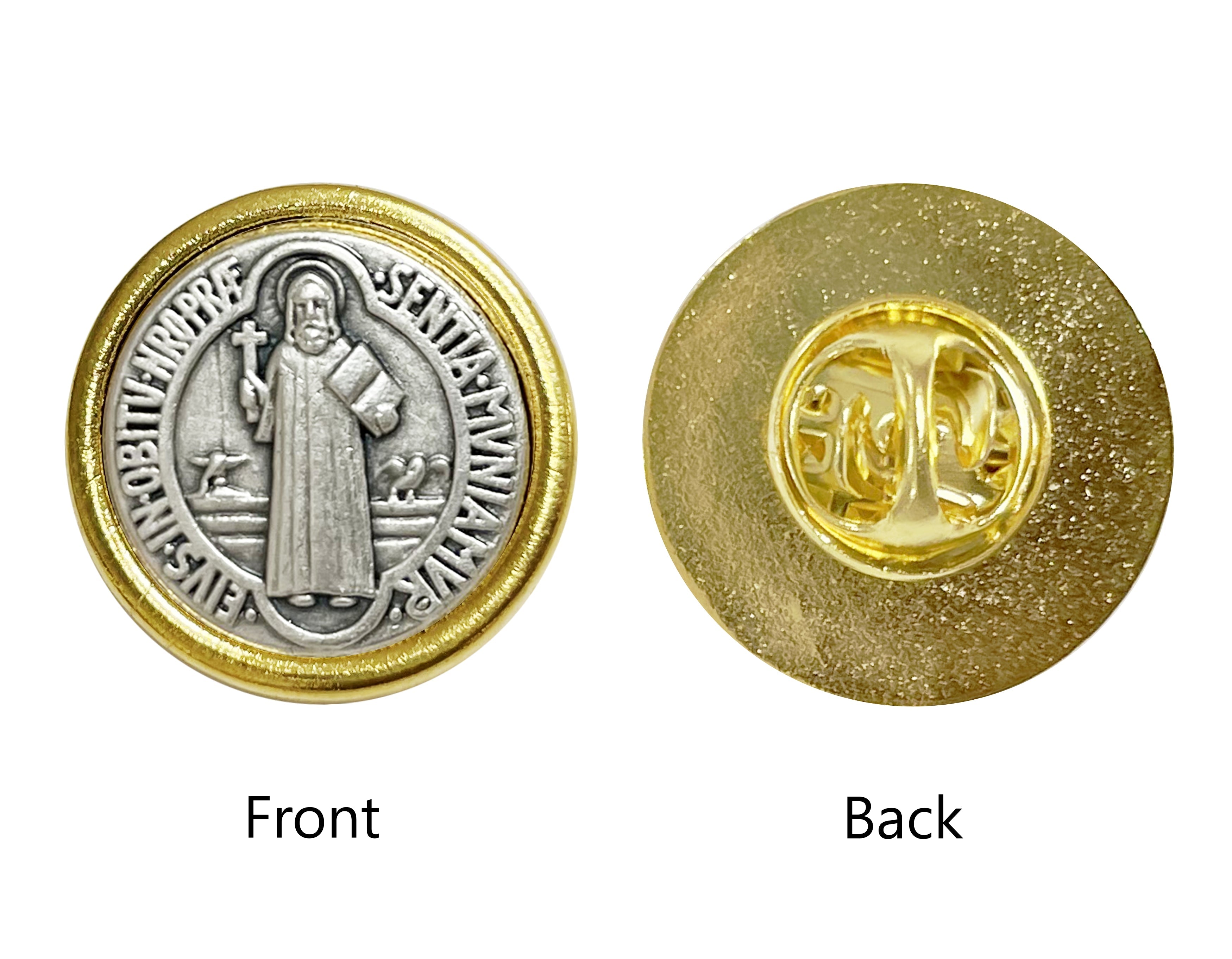 Saints medals round lapel pin golden and oxidized silver