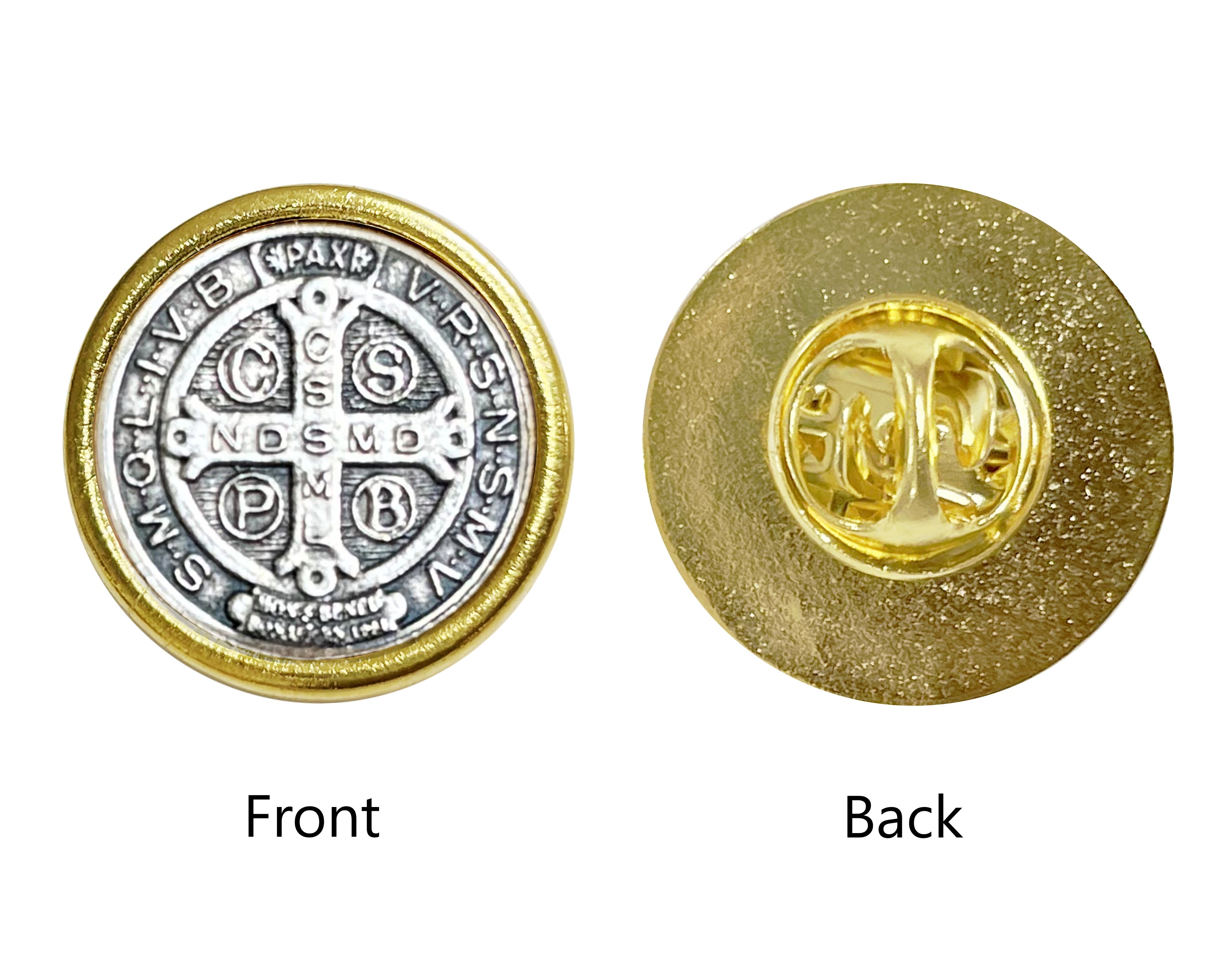 Saints medals round lapel pin golden and oxidized silver