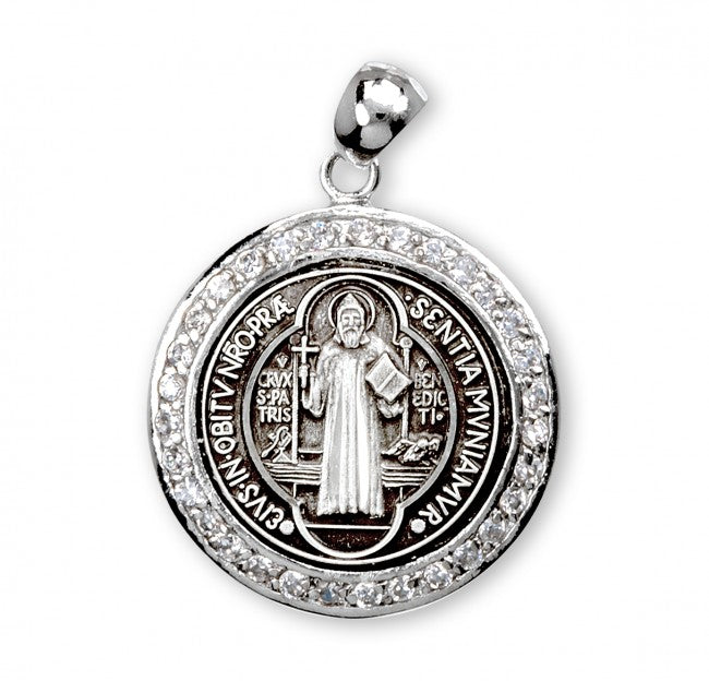 Saint Benedict Round Sterling Silver Medal with Cubic Zircons