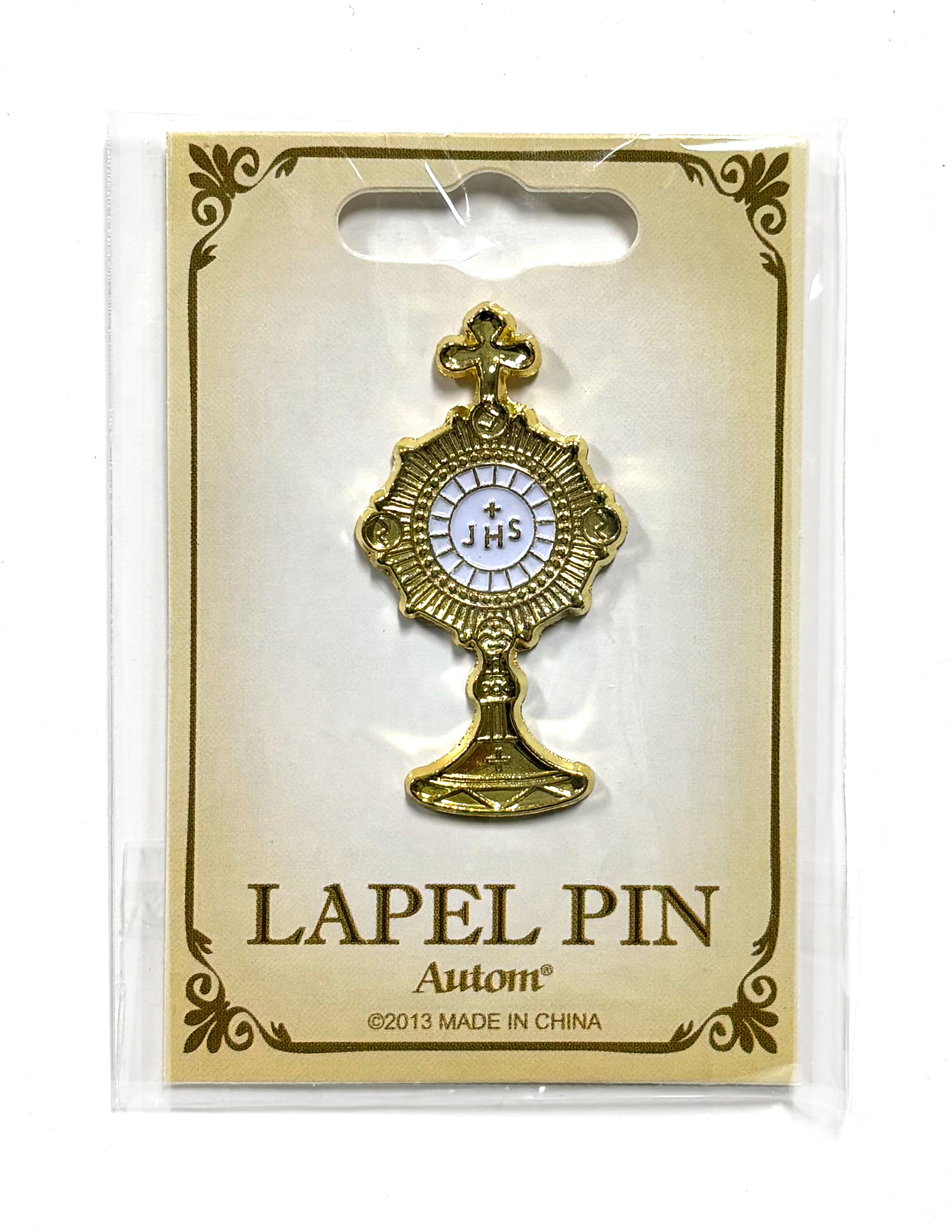Gold and white enameled monstrance lapel pin