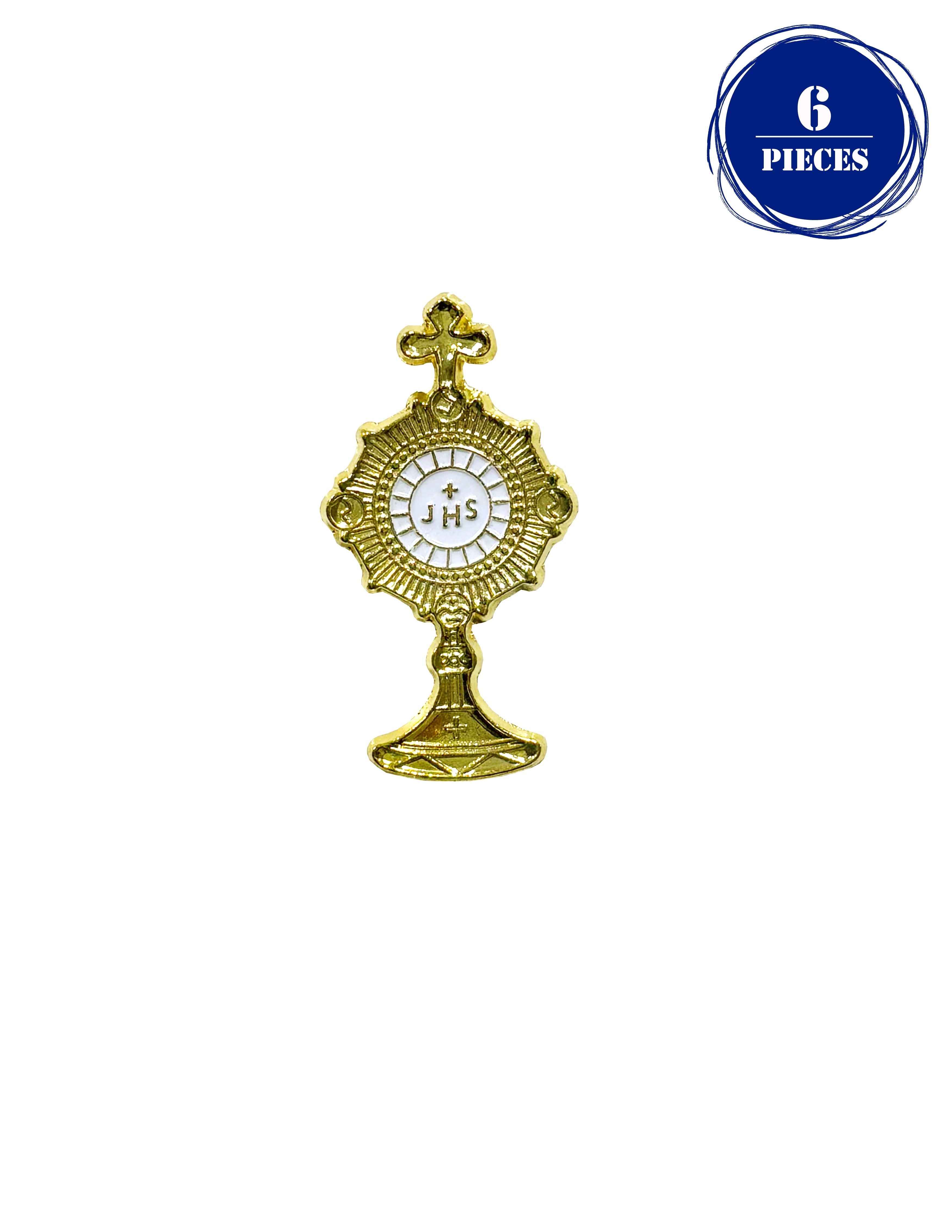 Gold and white enameled monstrance lapel pin