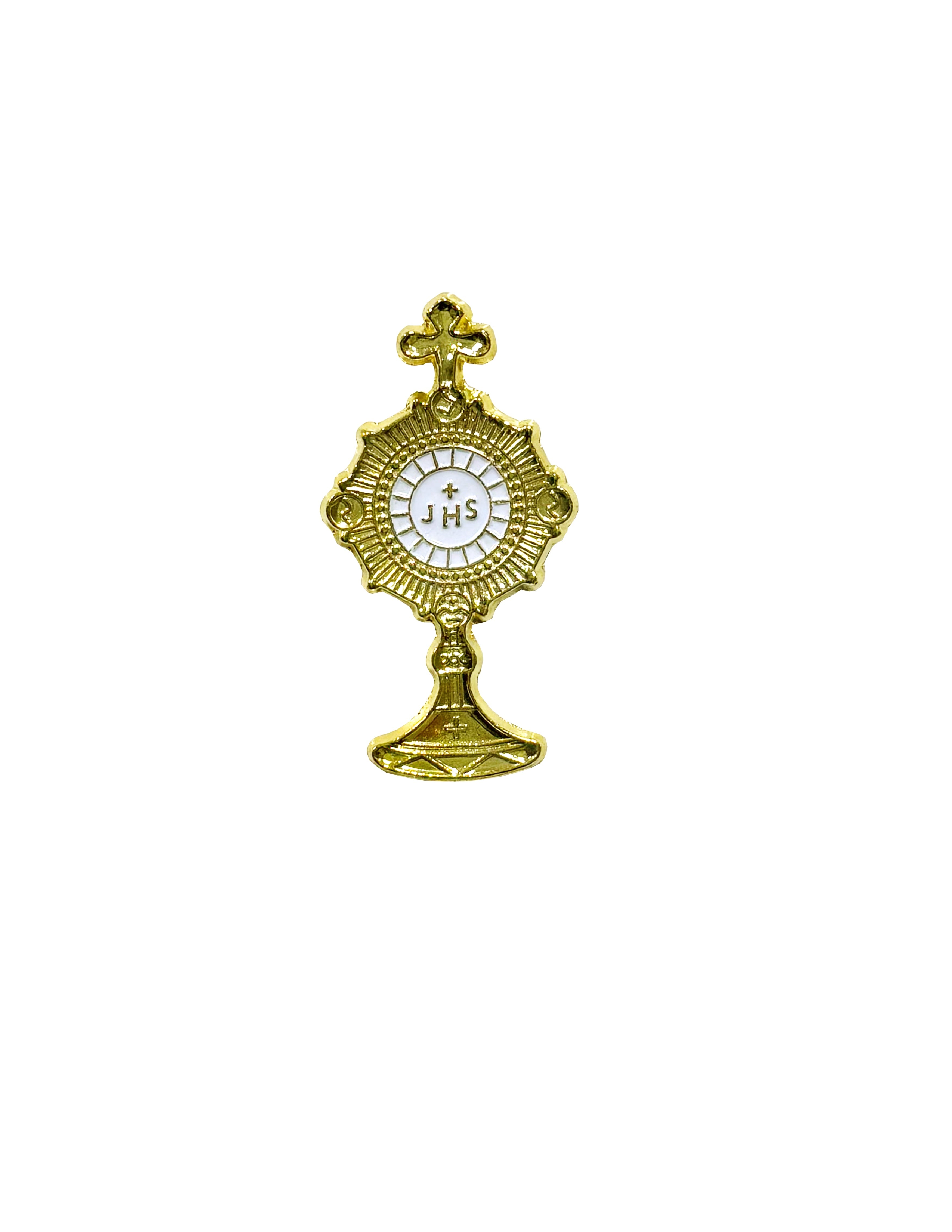 Gold and white enameled monstrance lapel pin