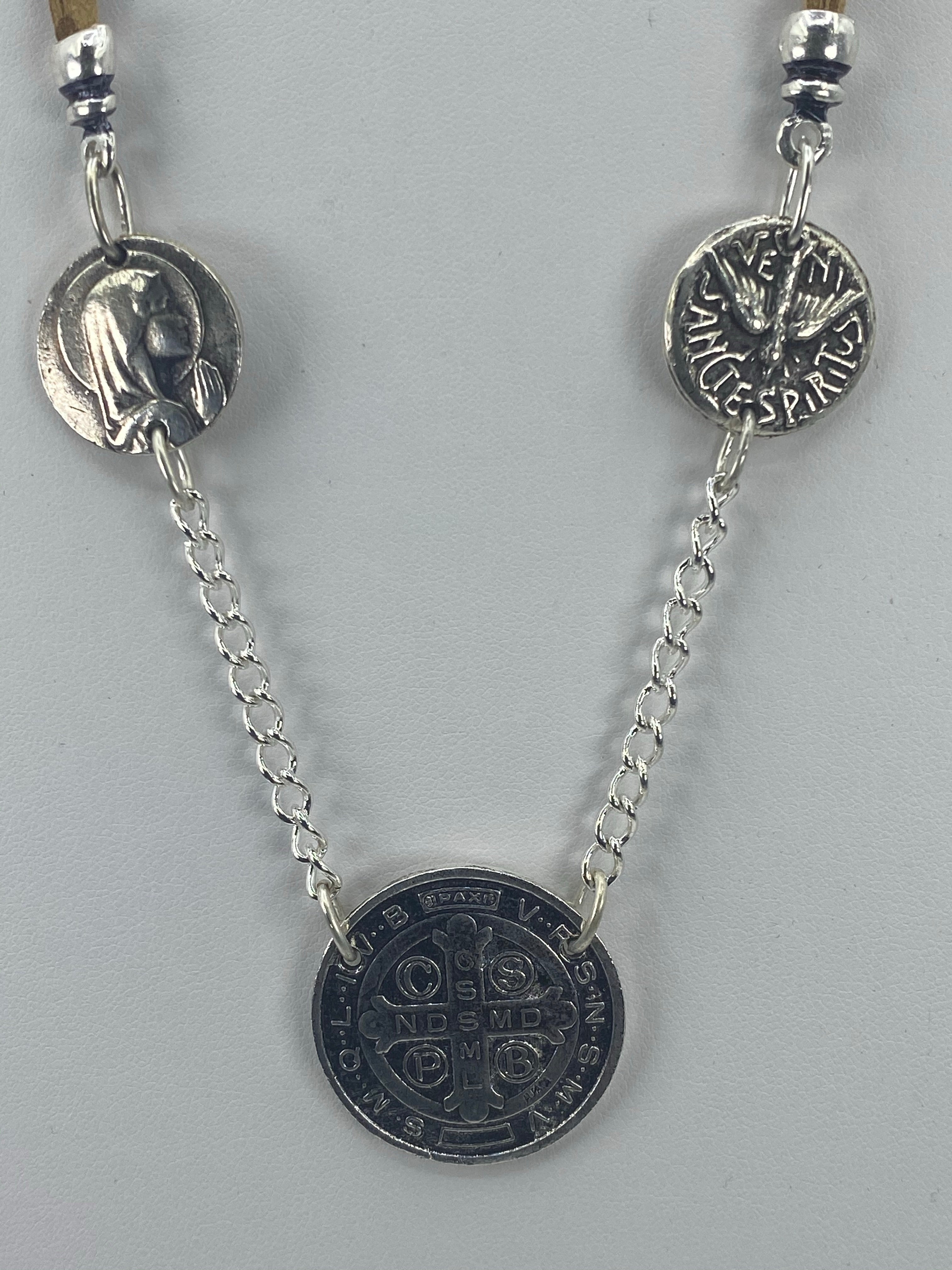 Vintage Necklace of three Medals The Virgin Mary, St Benedict, and the Holy Spirit with Leather