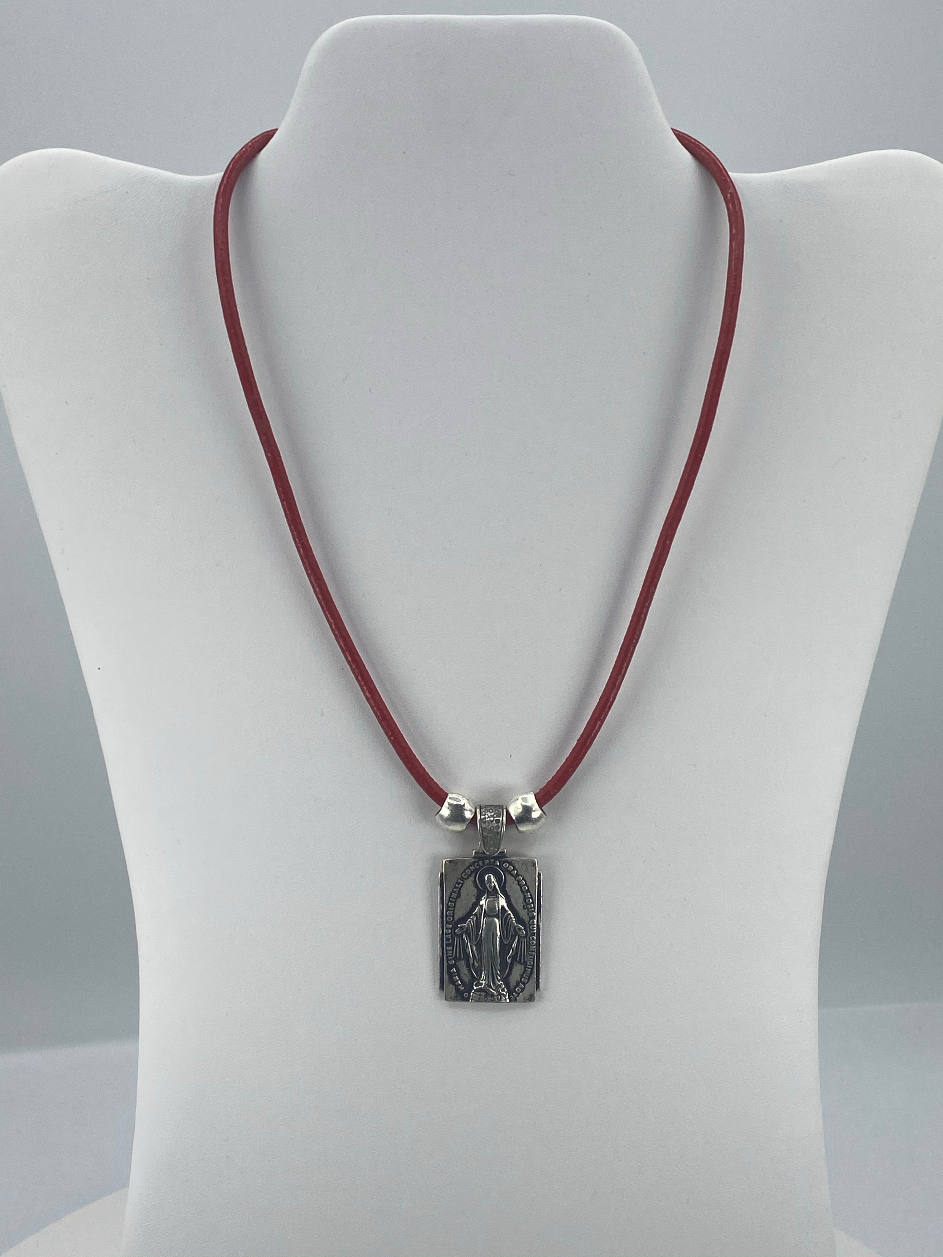 Vintage Necklace Miraculous Virgen Mary Handmade Jewelry with Genuine Leather strap by Graciela's Collection