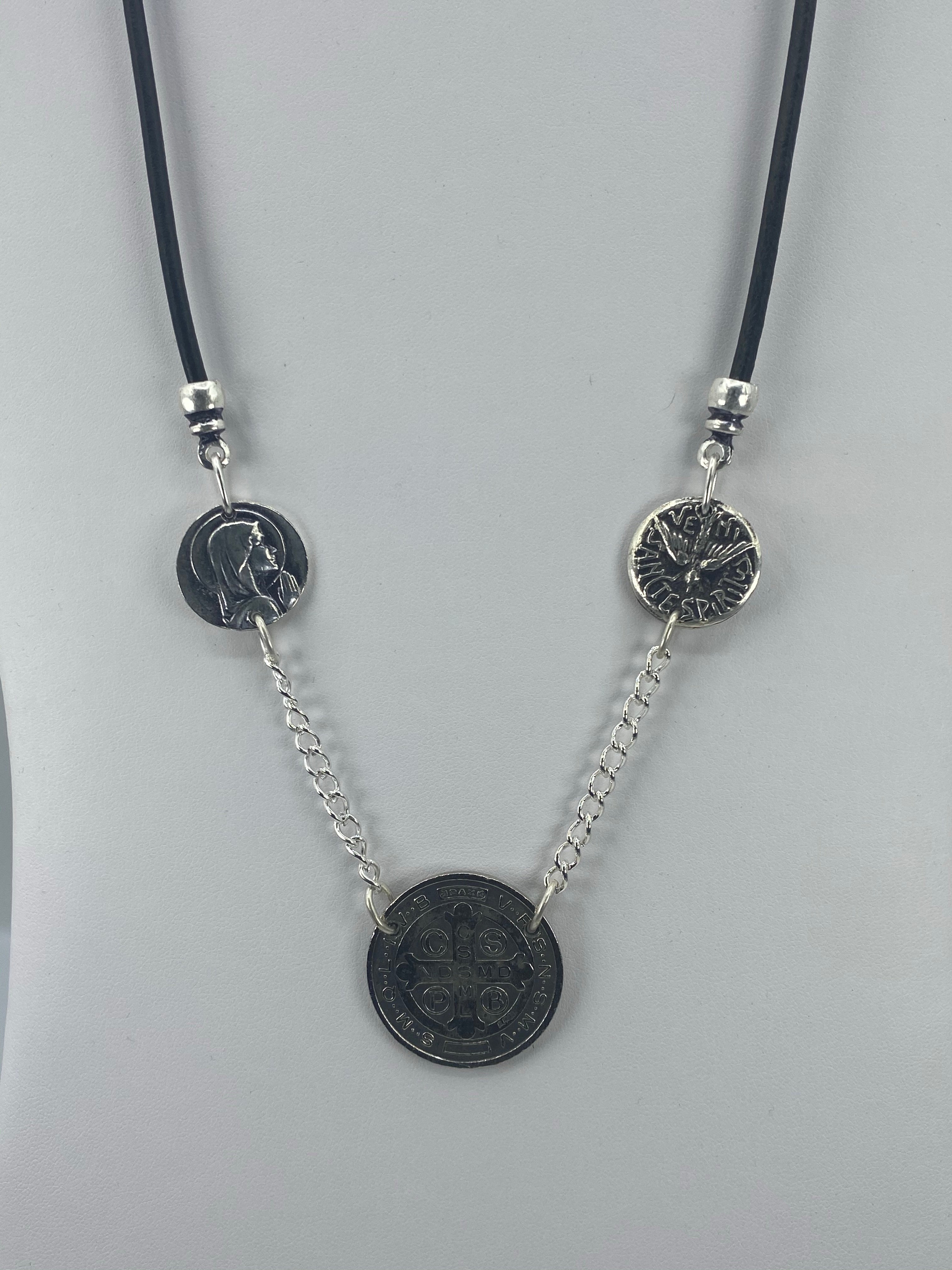 Vintage Necklace of three Medals The Virgin Mary, St Benedict, and the Holy Spirit with Leather