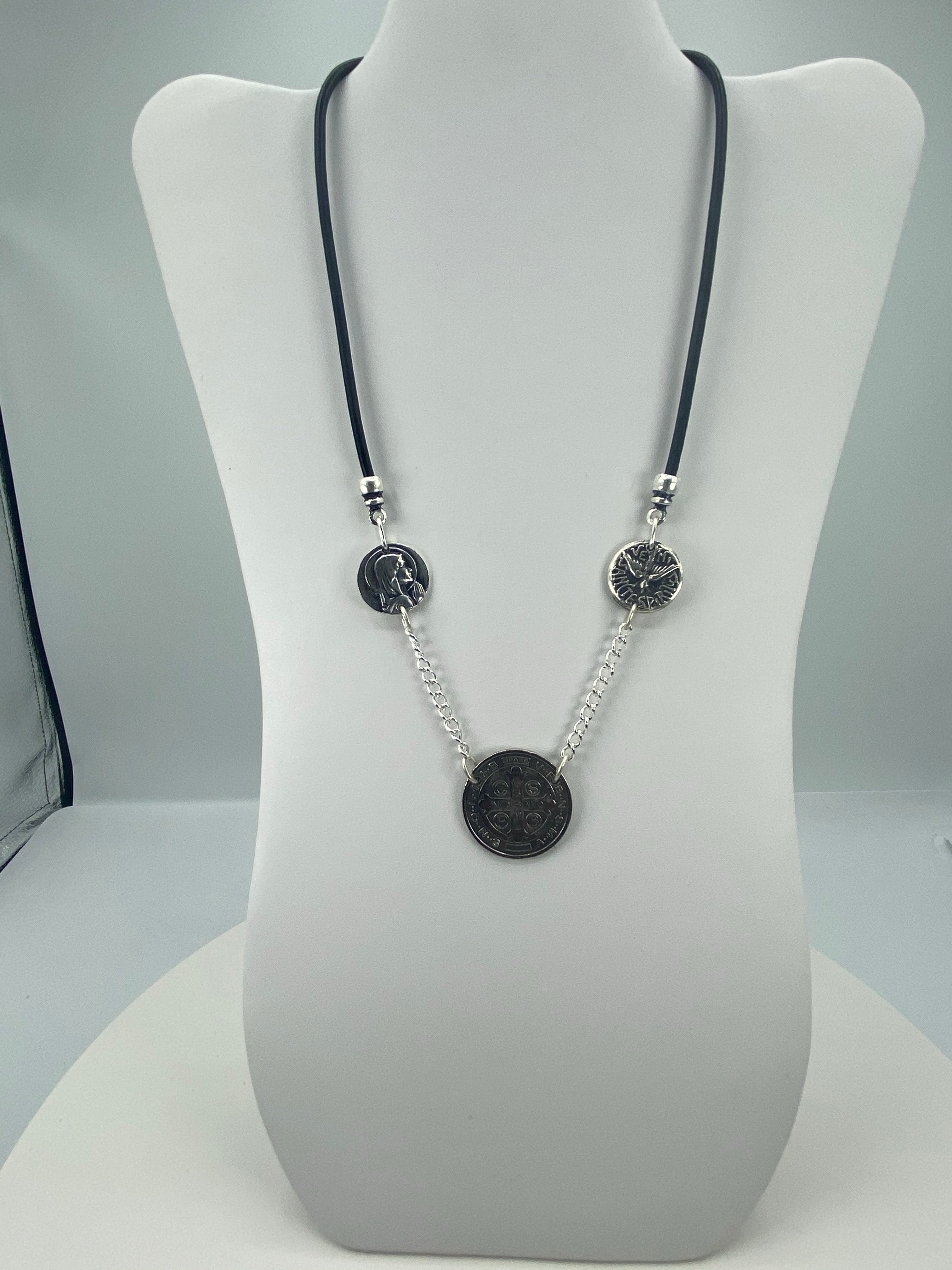 Vintage Necklace of three Medals The Virgin Mary, St Benedict, and the Holy Spirit with Leather