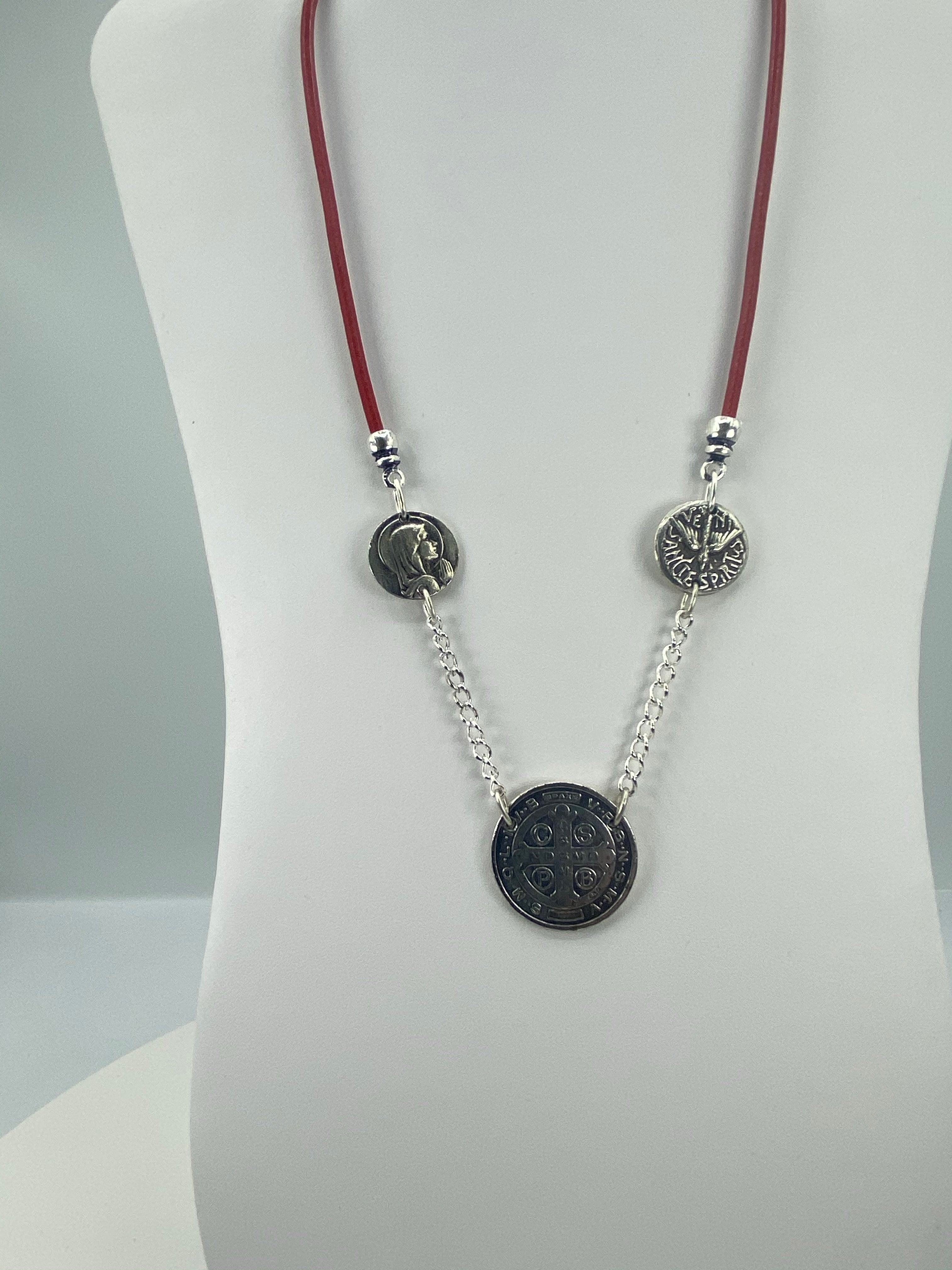 Vintage Necklace of three Medals The Virgin Mary, St Benedict, and the Holy Spirit with Leather