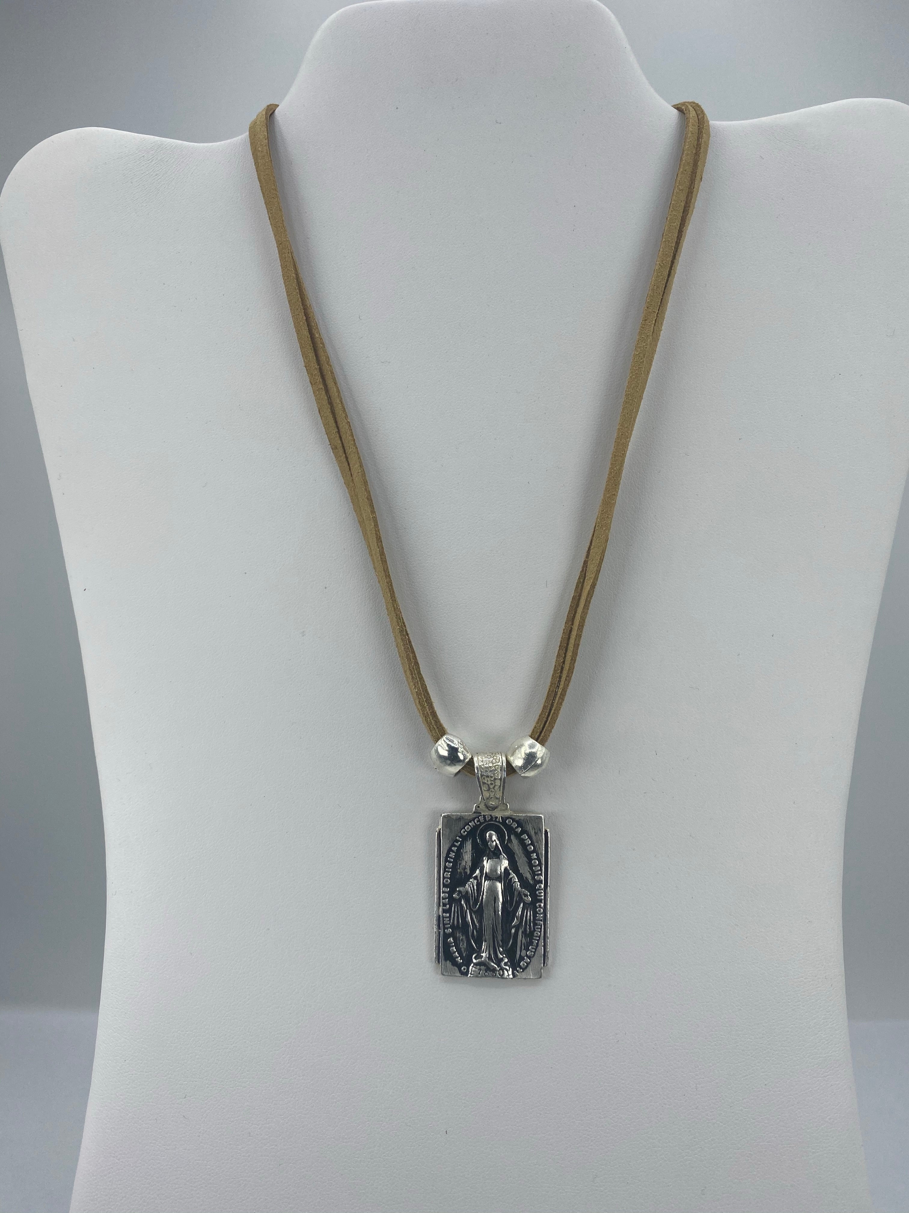 Vintage Necklace Miraculous Virgen Mary Handmade Jewelry with Genuine Leather strap by Graciela's Collection