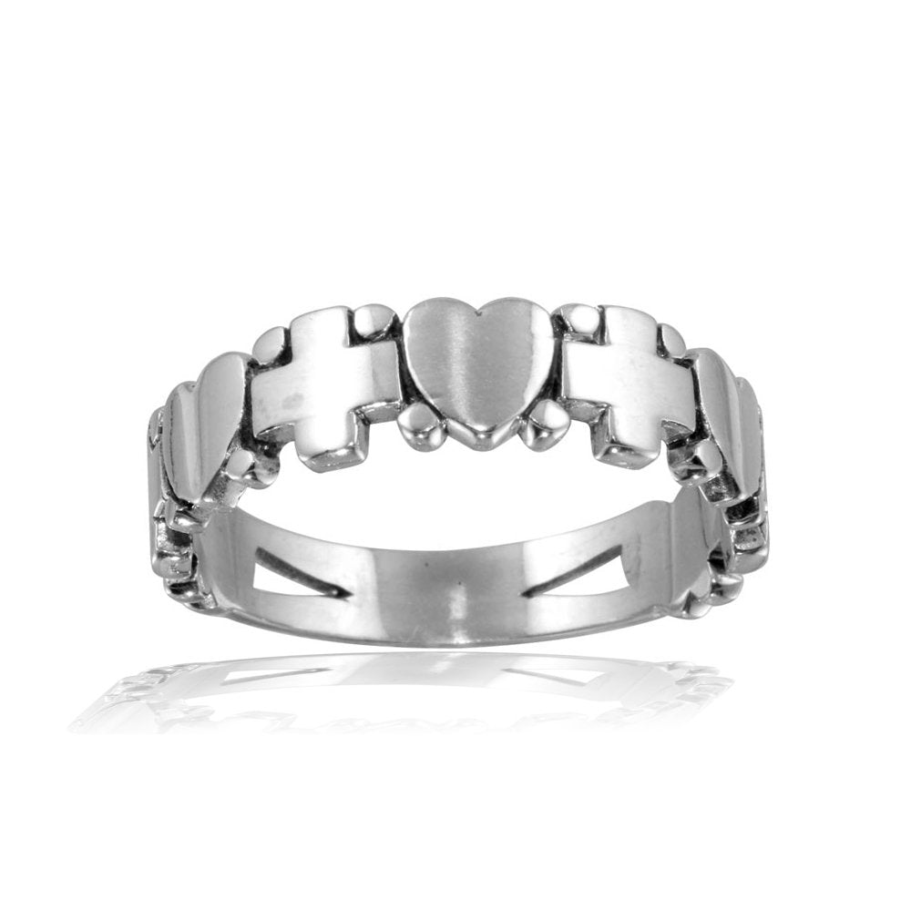 High Polished Sterling Silver Alternating Cross and Heart Band Ring