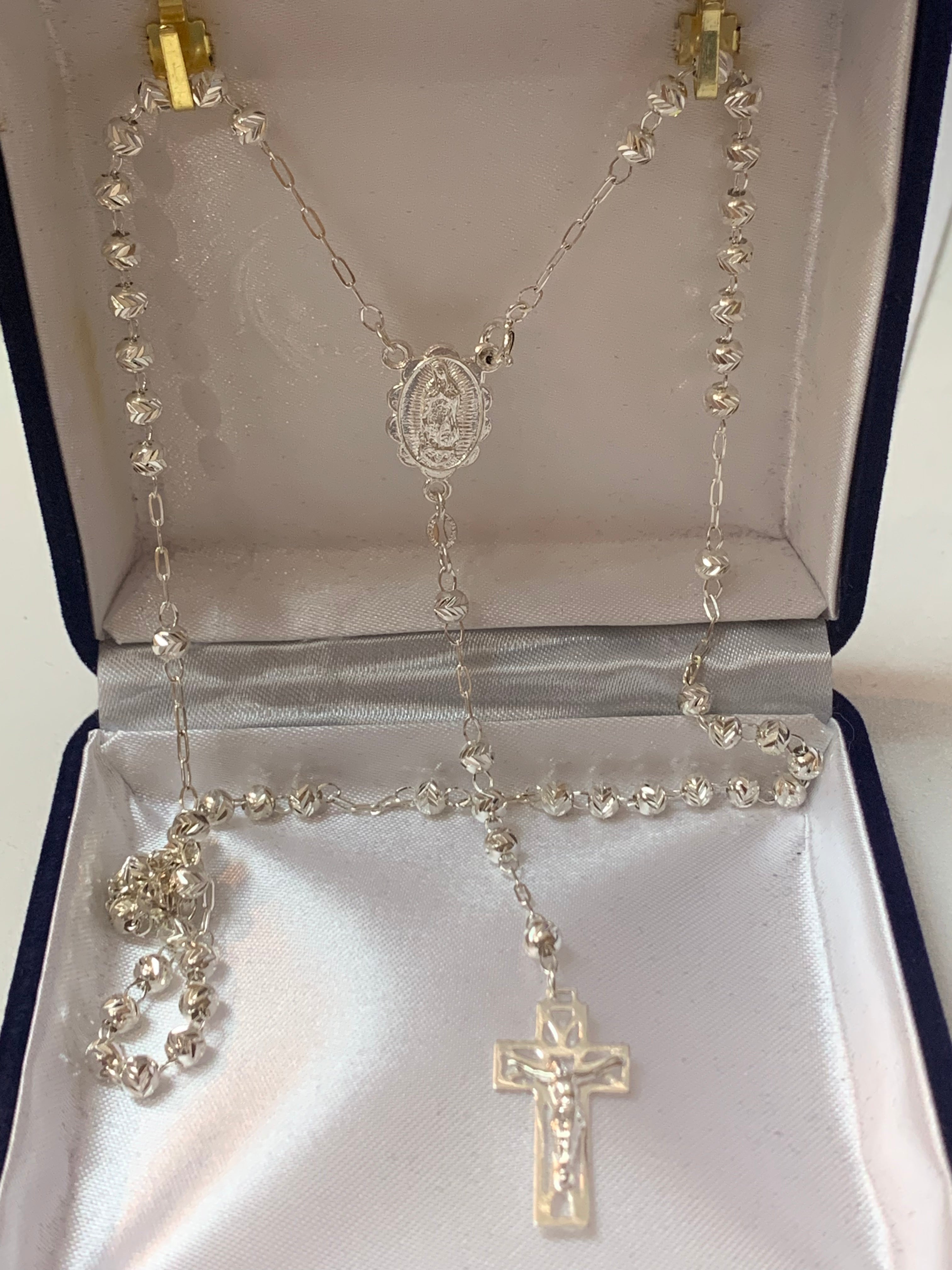 Silver Rosary with Saint Benedict / or Our Lady of Guadalupe medal in the middle