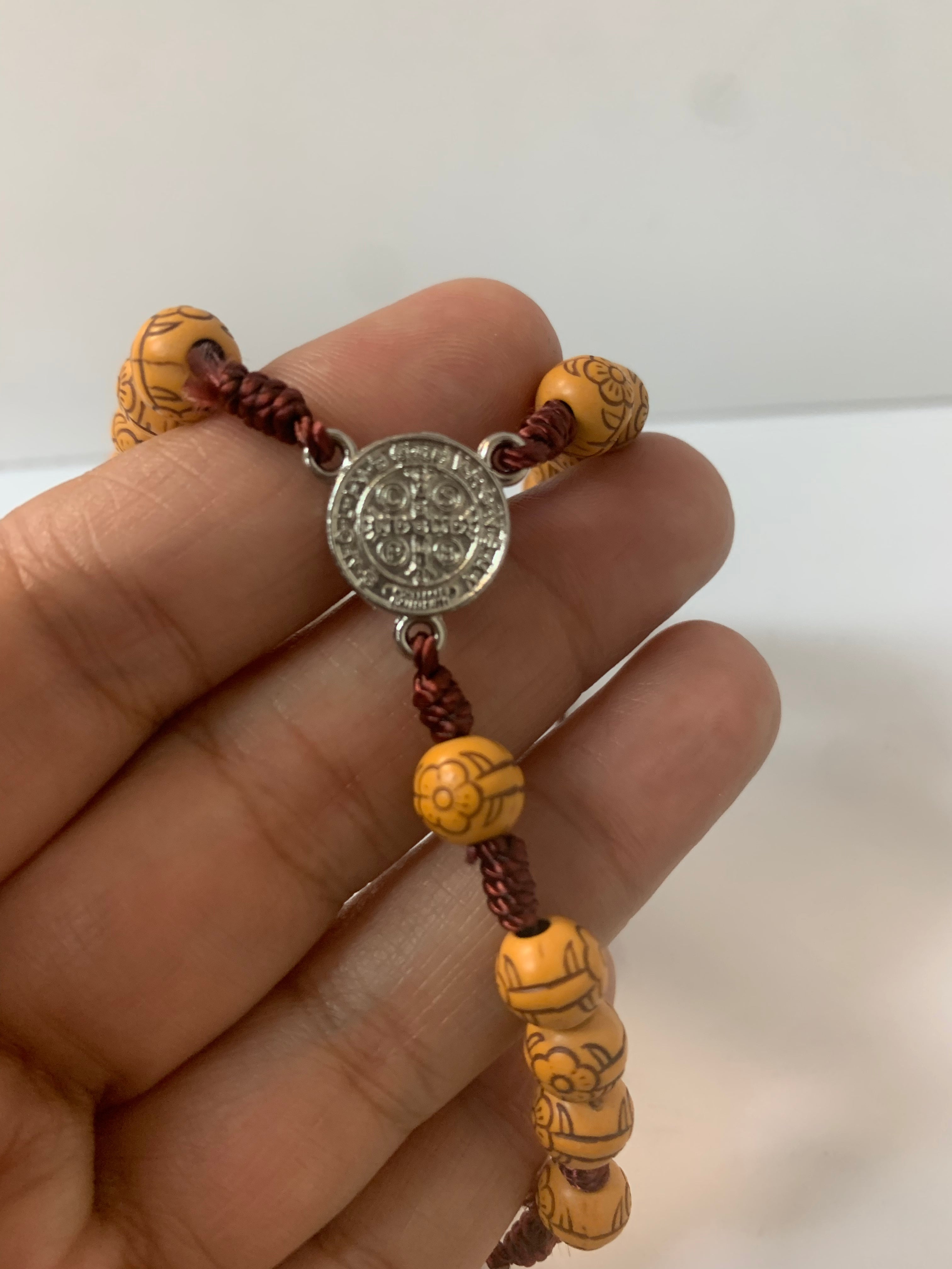 St Benedict flower carved wood beads Rosary