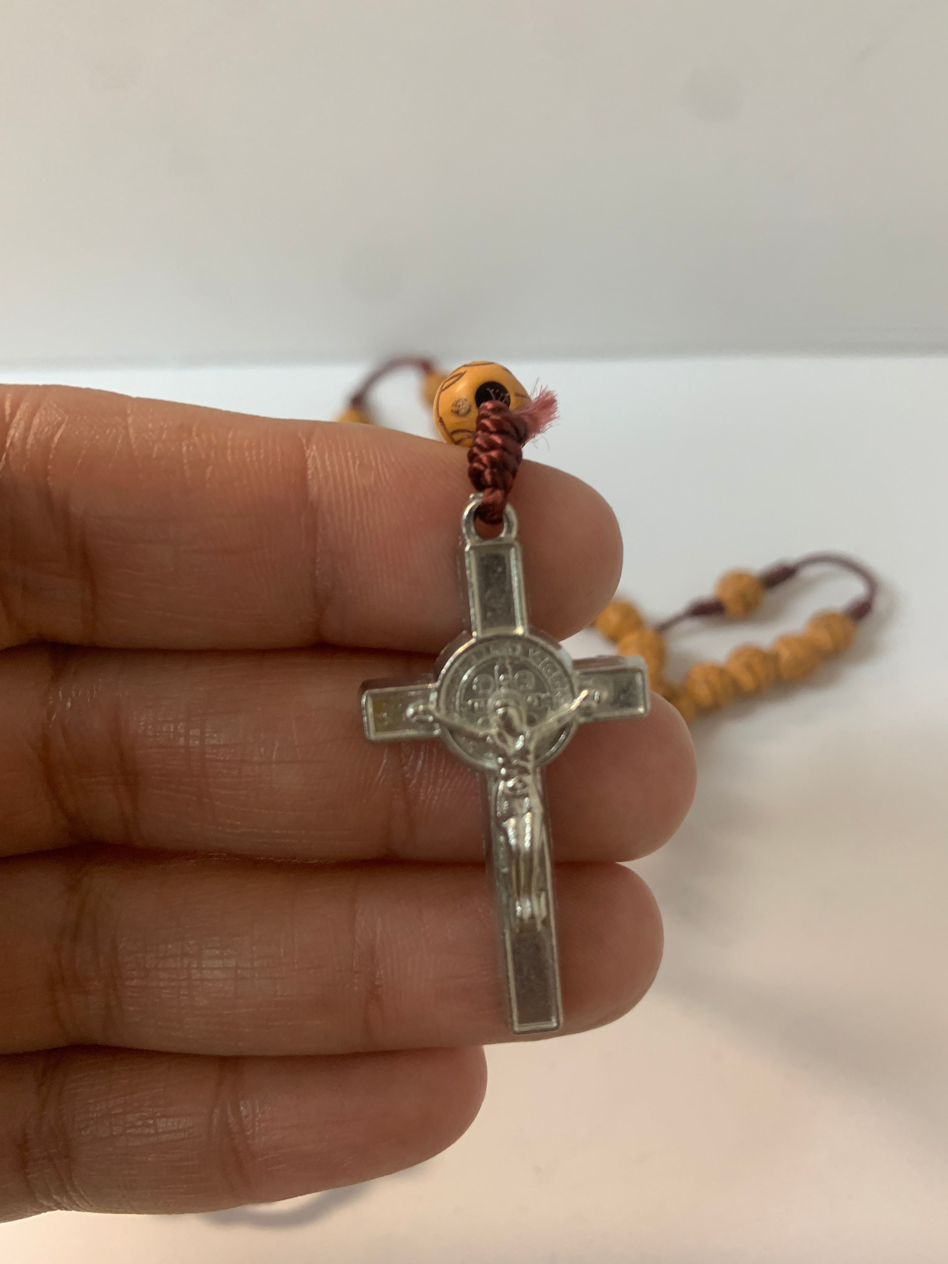 St Benedict flower carved wood beads Rosary