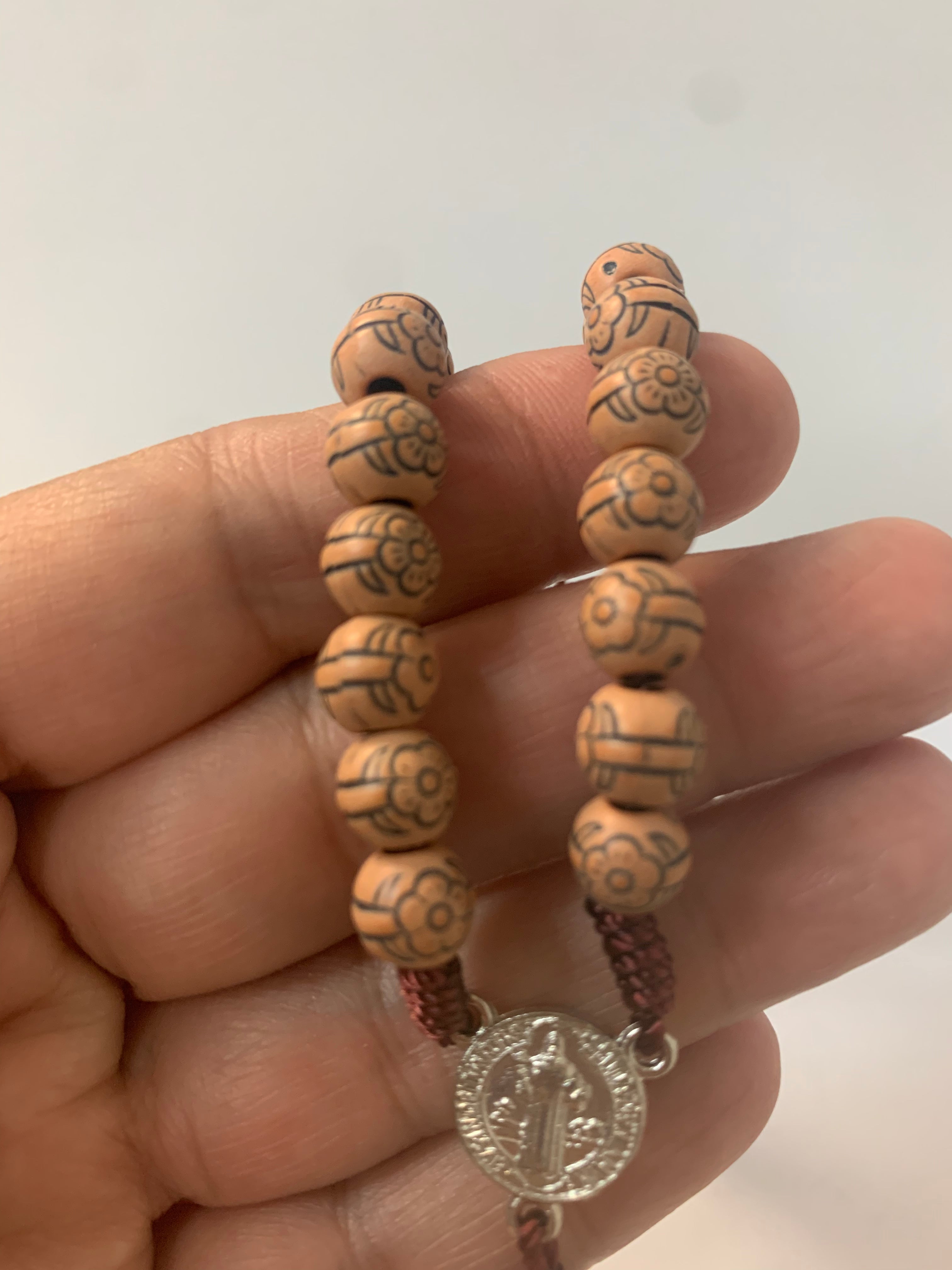 St Benedict flower carved wood beads Rosary