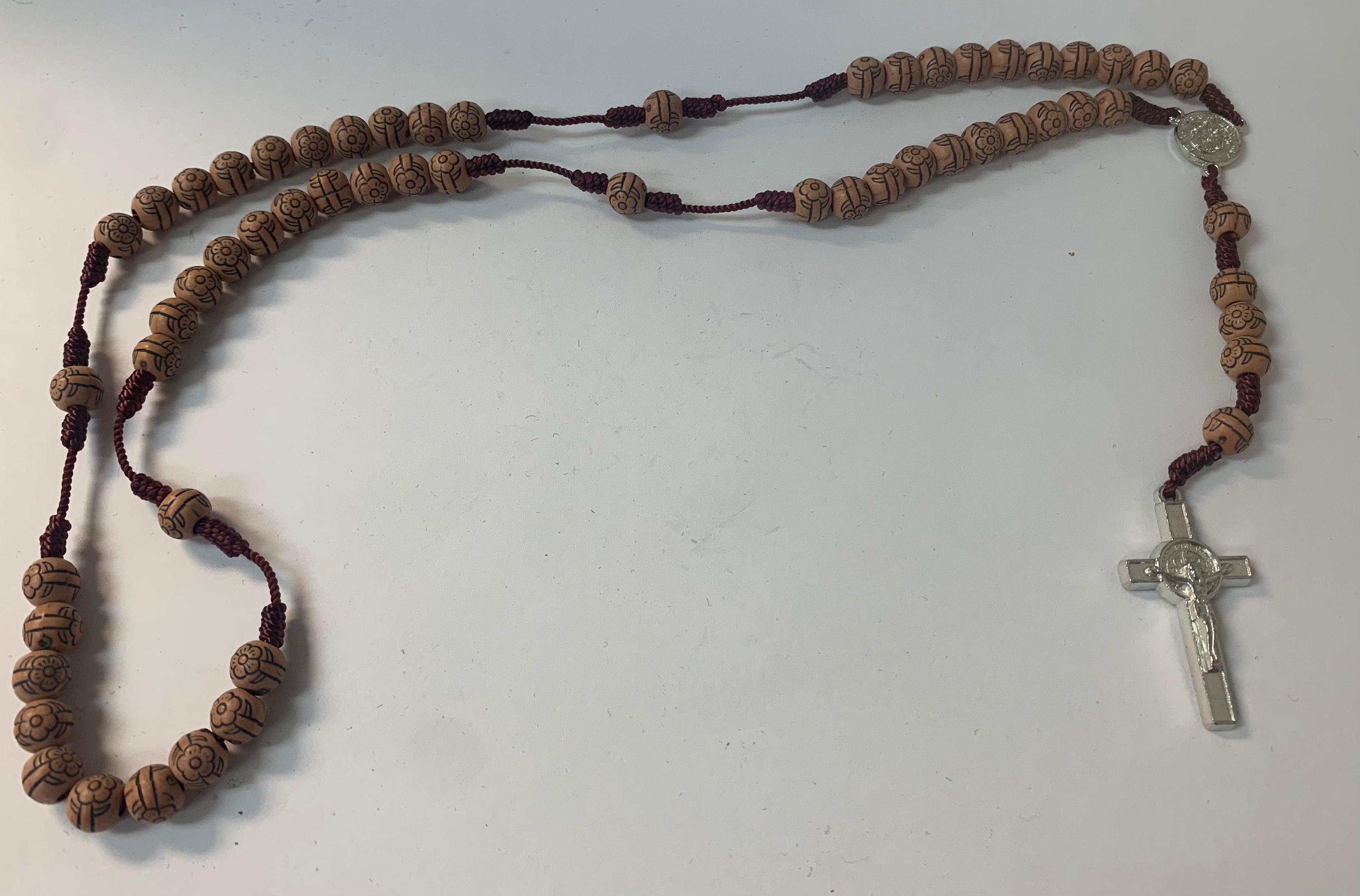 St Benedict flower carved wood beads Rosary