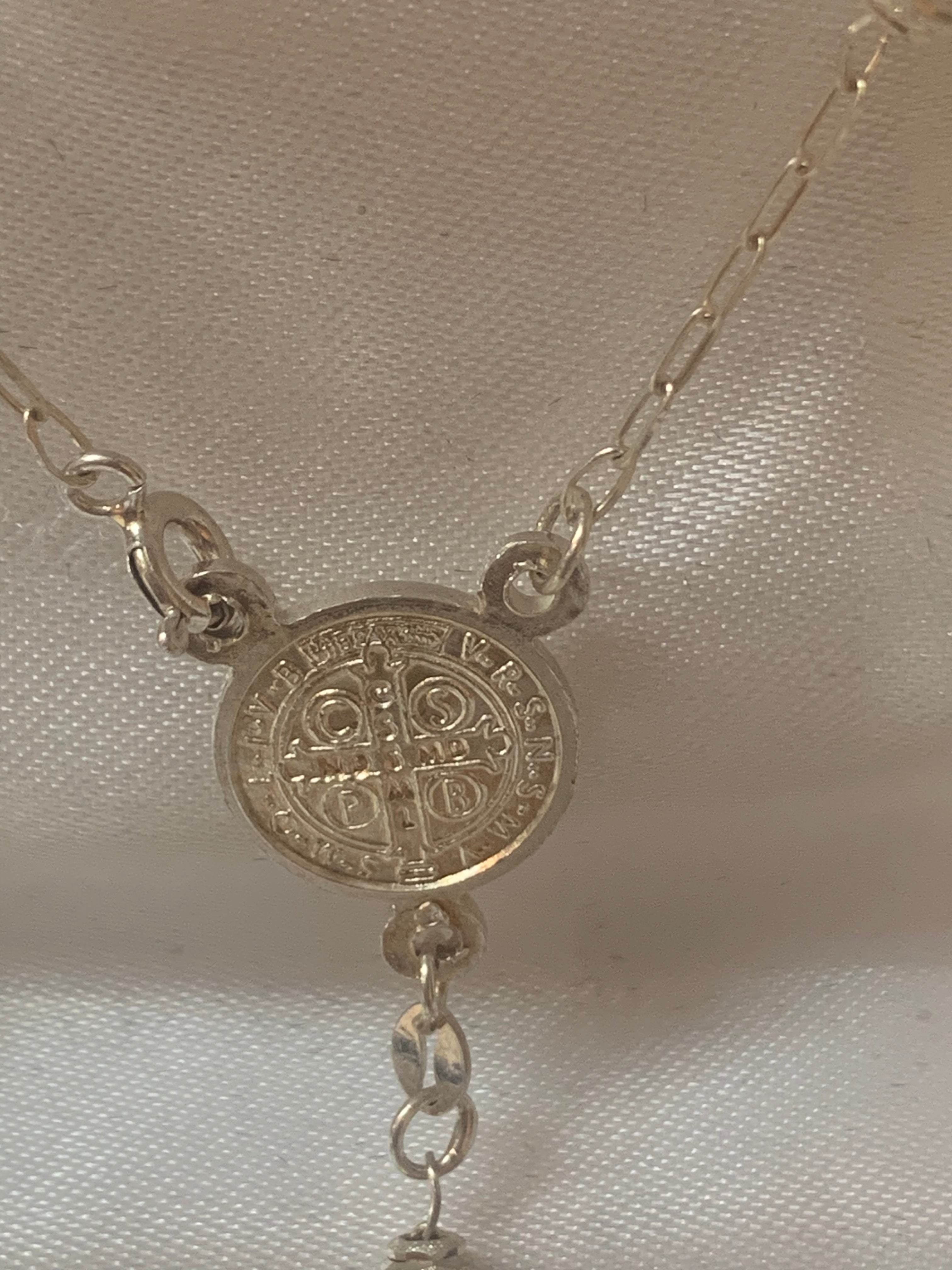 Silver Rosary with Saint Benedict / or Our Lady of Guadalupe medal in the middle