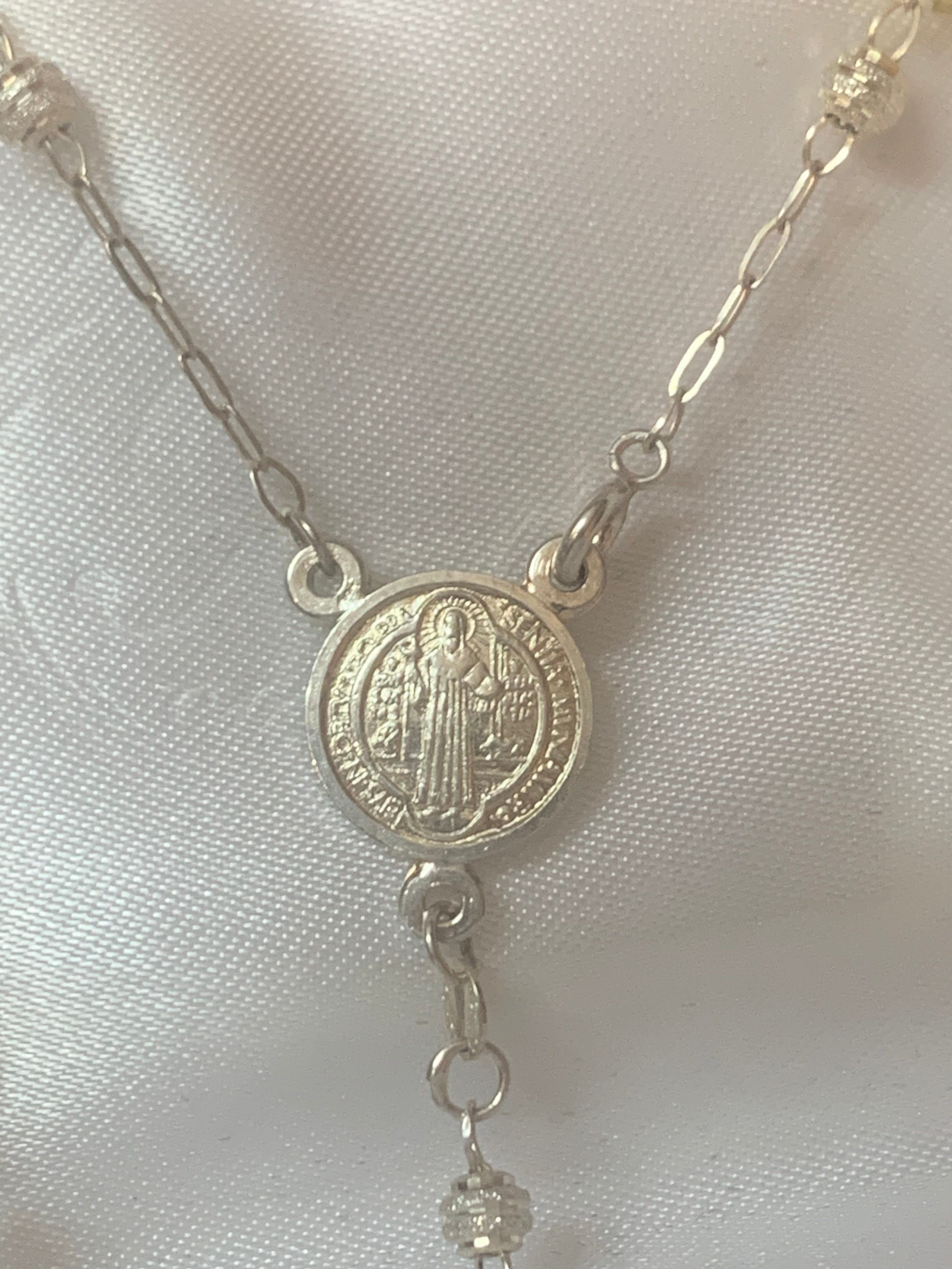 Silver Rosary with Saint Benedict / or Our Lady of Guadalupe medal in the middle