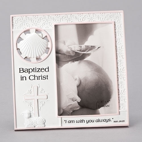 7.25"H Baptism Frame holds a  4"x6" picture Blue or Pink