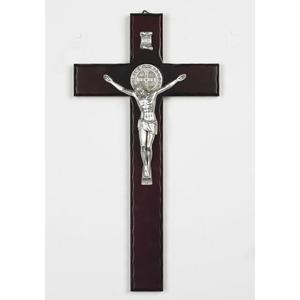 Saint Benedict Cherry Wood Cross - Silver Tone