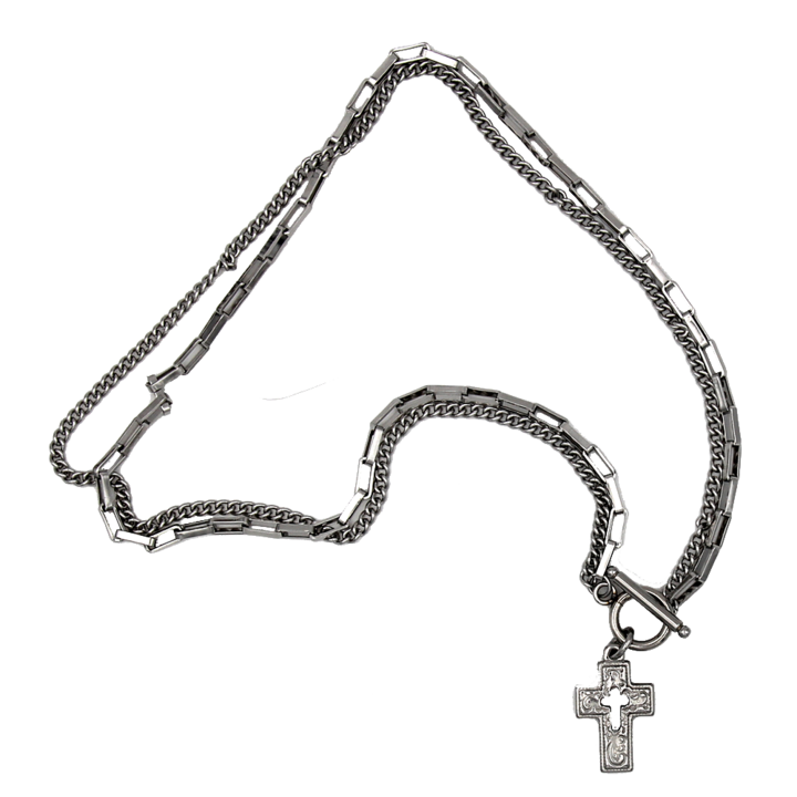 2 Strand Silver-Tone Chain and Link Necklace with Cross