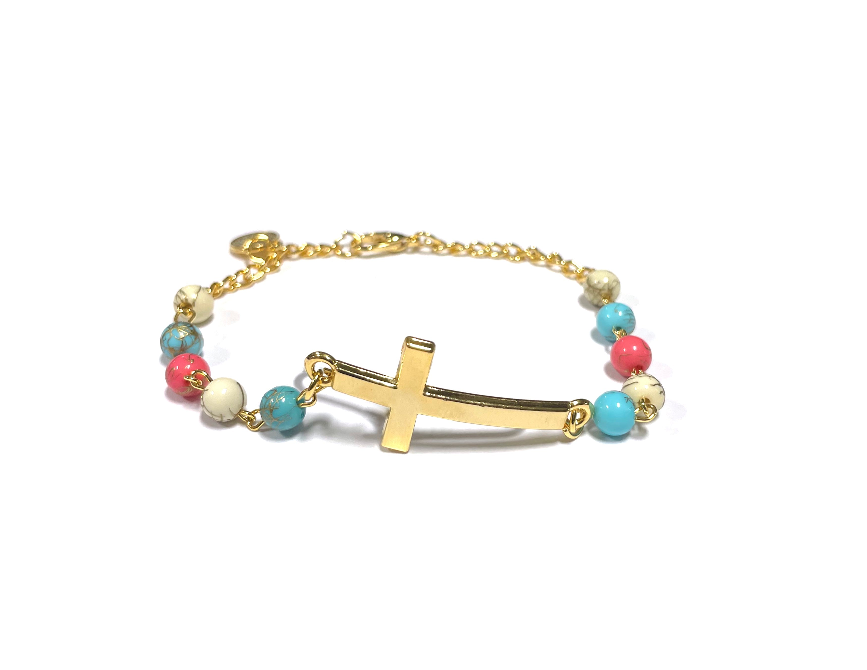 Bracelet with colorful stones beads and golden cross