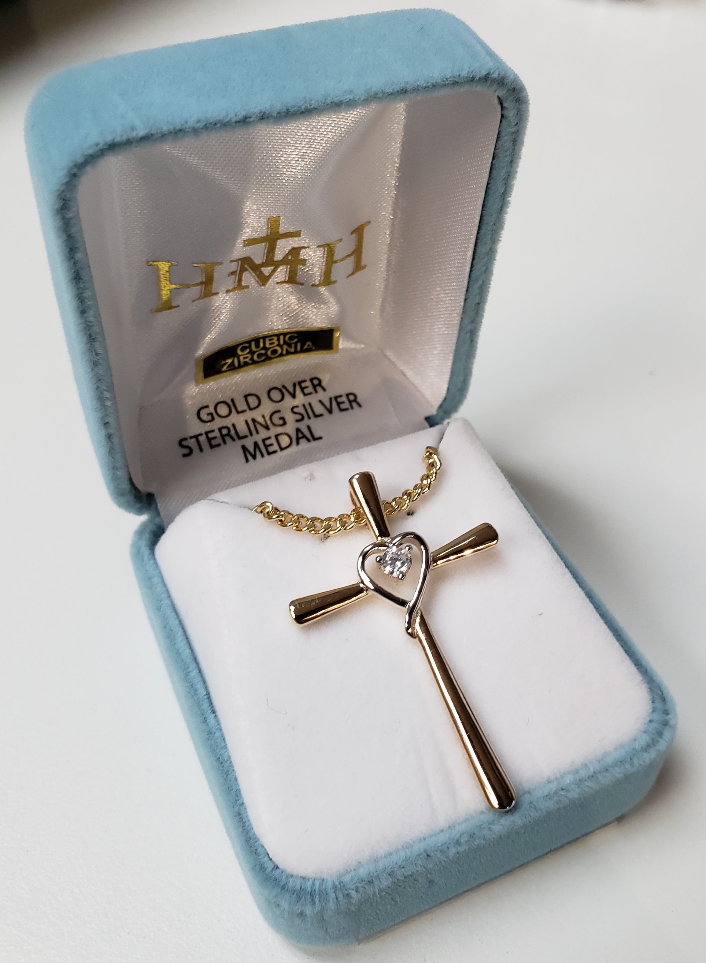 Two Tone Cross Rhodium w/Plated Heart & CZ - 18"