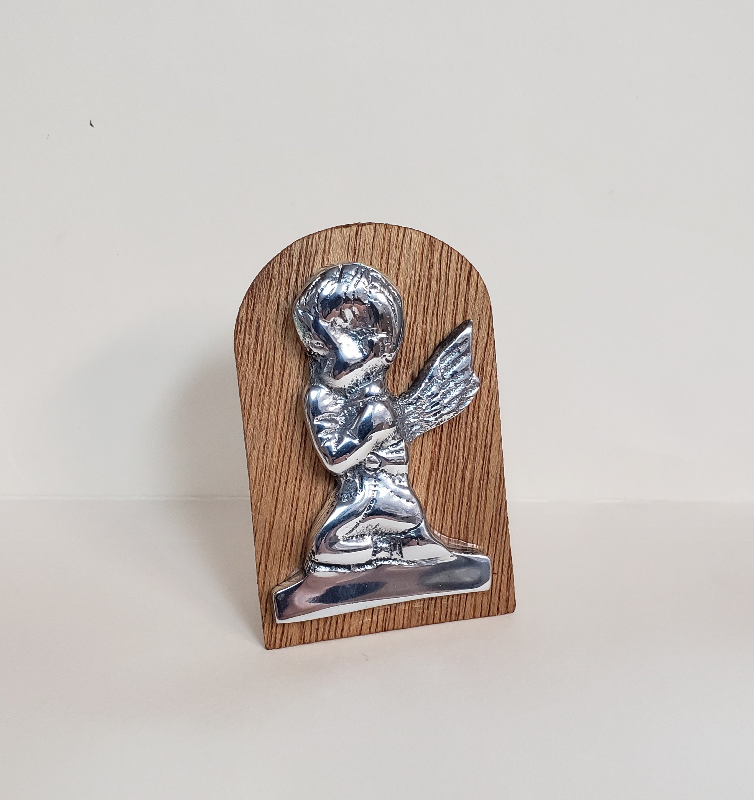 Child Praying Pewter Figurine on Wood Stand